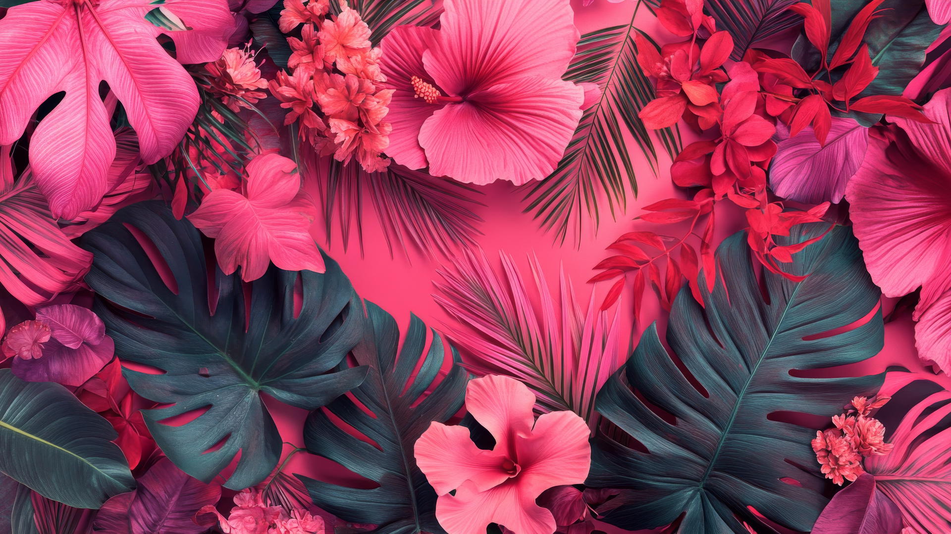 pink wallpaper aesthetic with vibrant collage of pink tropical leaves and exotic flowers