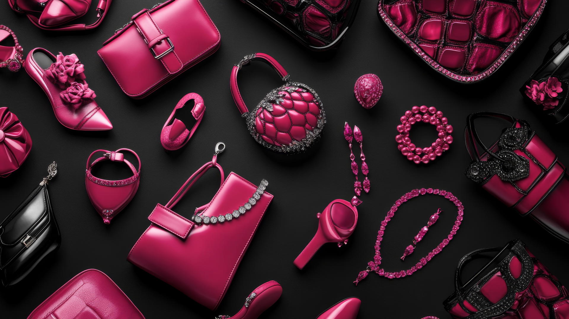 black wallpaper for girls with pink handbags, shoes, and jewelry