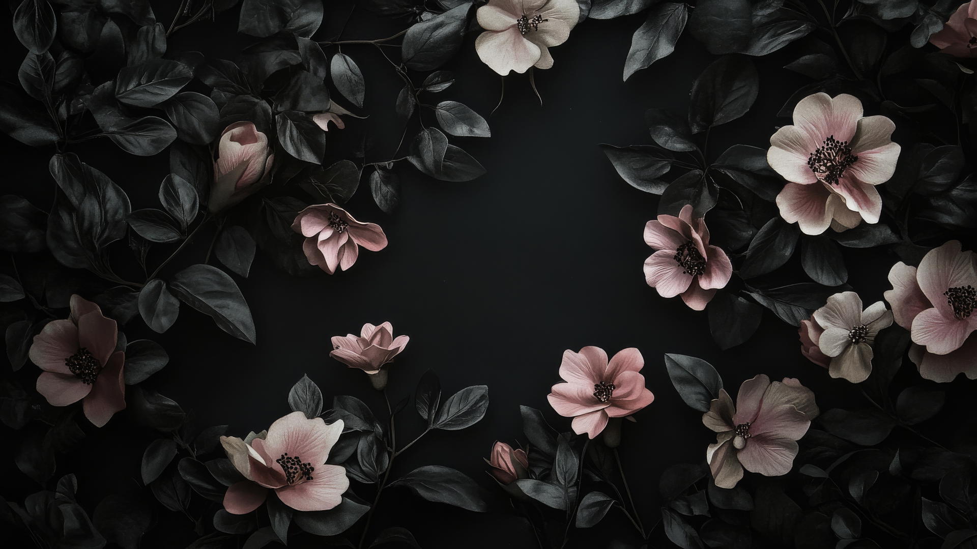 black wallpaper for girls with dark floral design and soft pink highlights