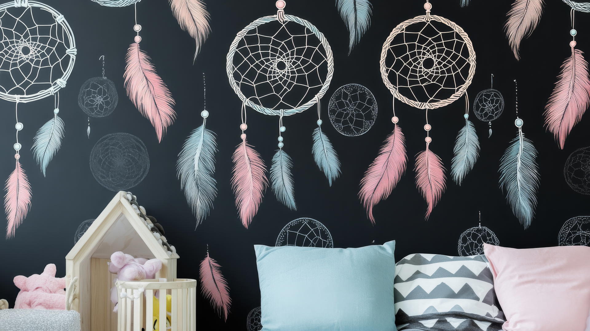 black wallpaper for girls with whimsical dreamcatchers and pastel feathers