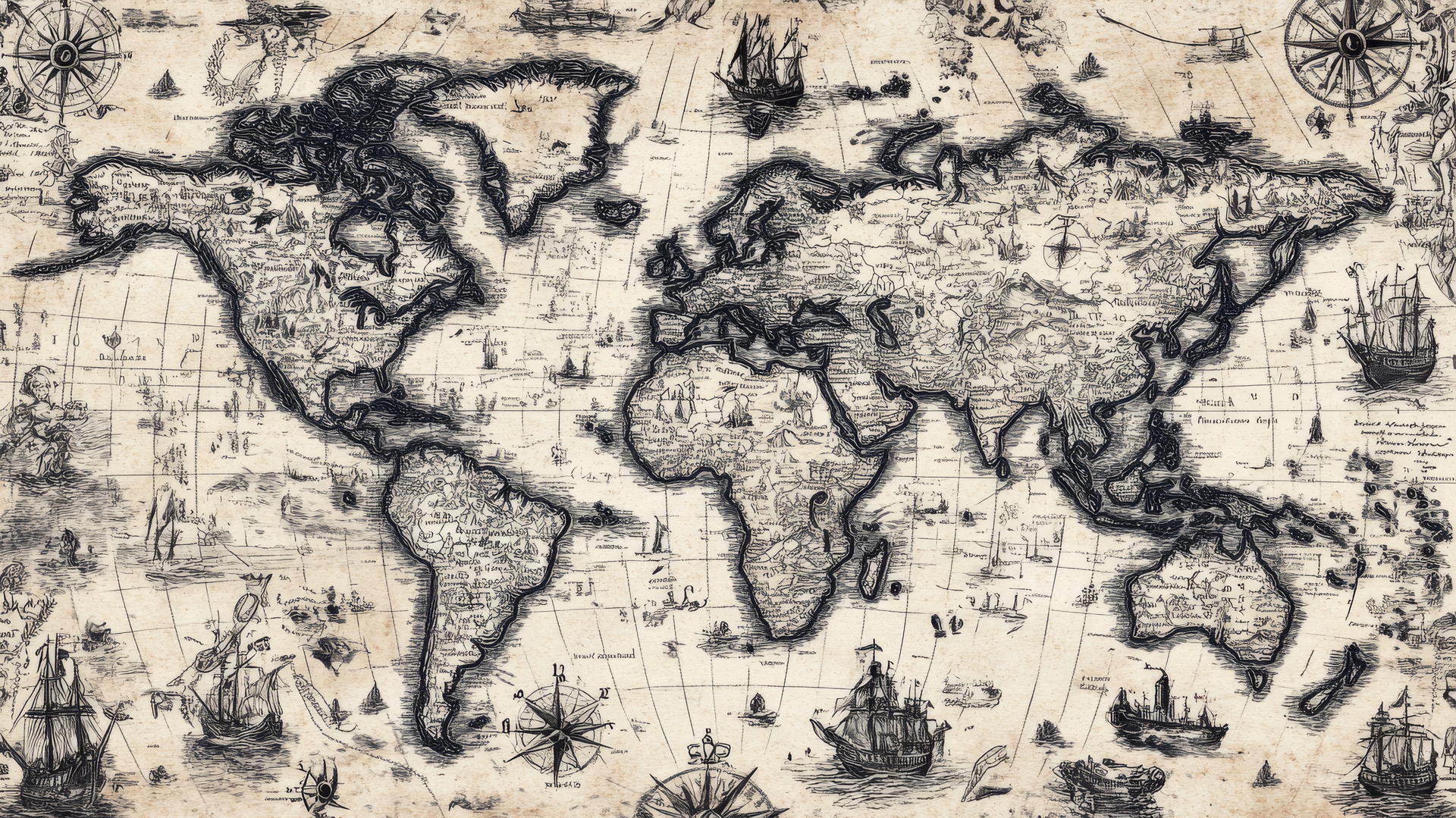 Vintage world map with detailed illustrations, black and white wallpaper
