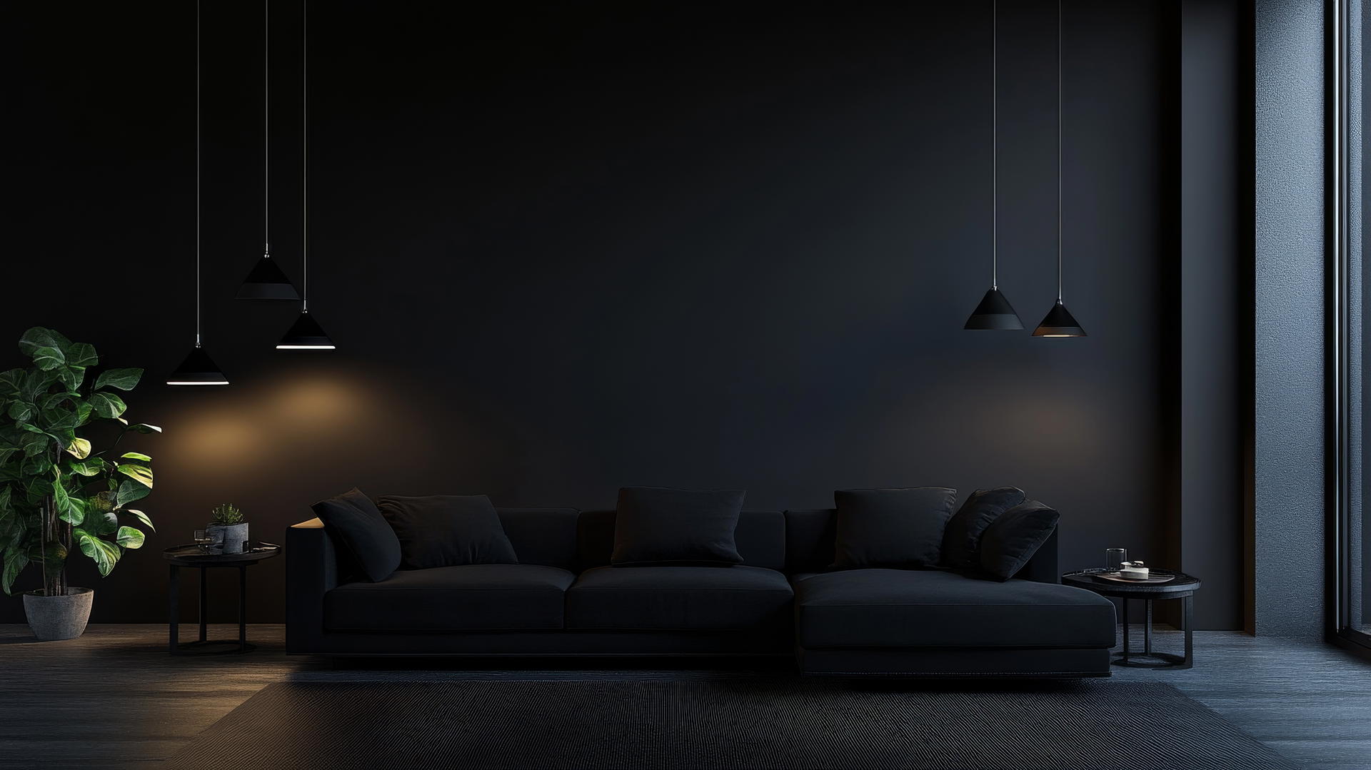 black aesthetic wallpaper with minimalist black furniture and soft ambient lighting