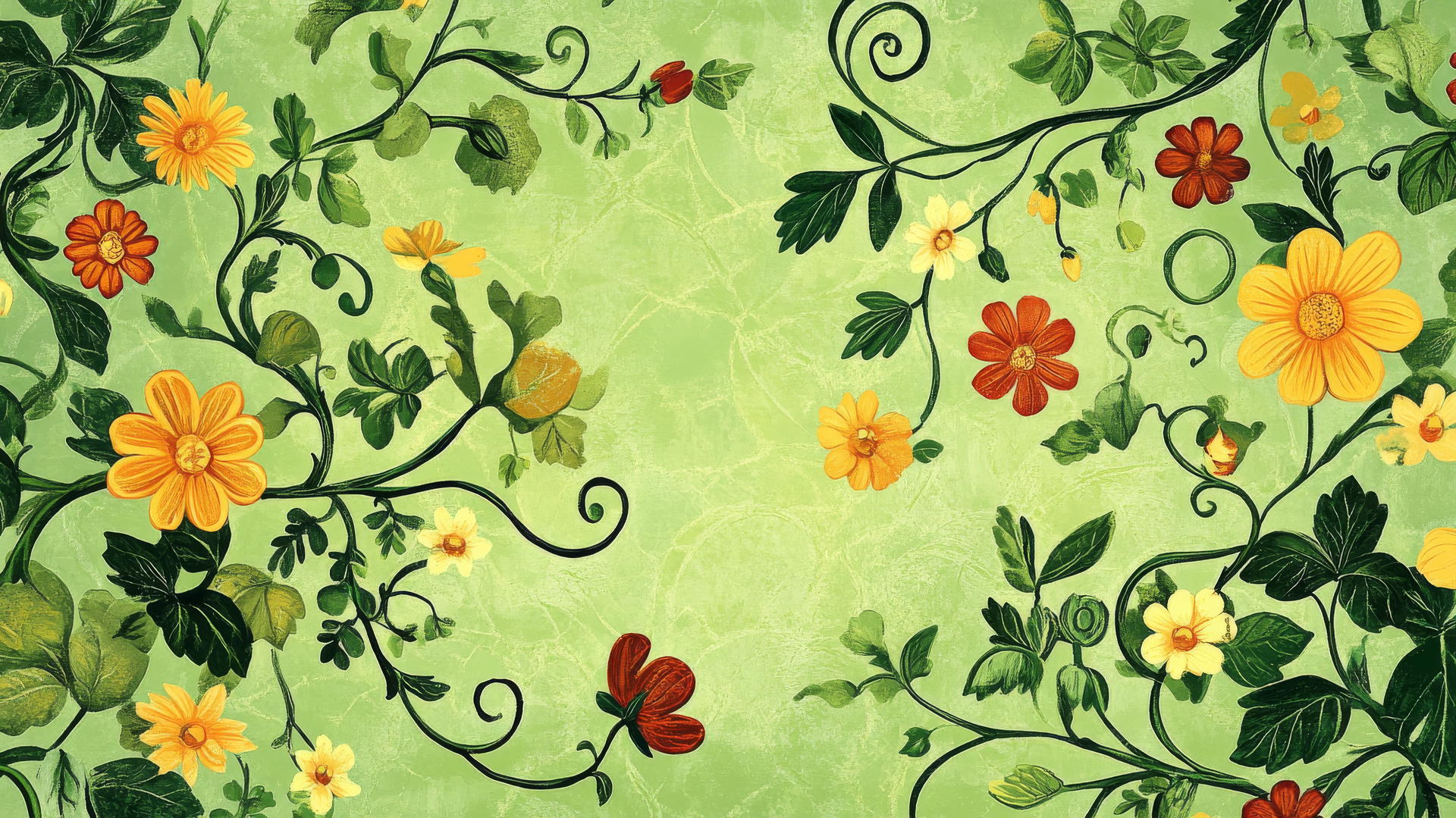 green floral wallpaper with cartoon-style flowers and vines in greens and yellows