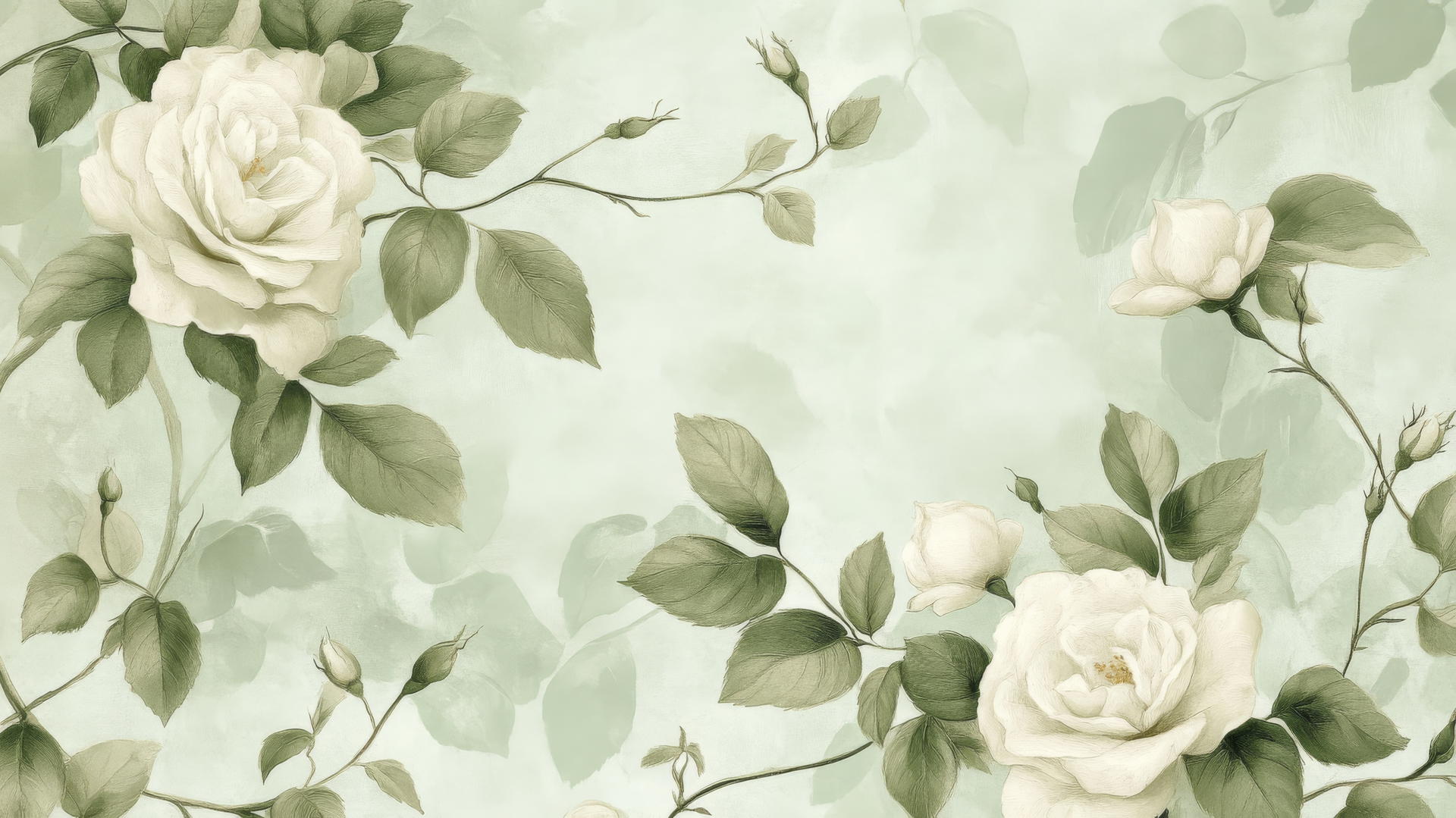 aesthetic green wallpaper with delicate floral illustrations of roses and leaves