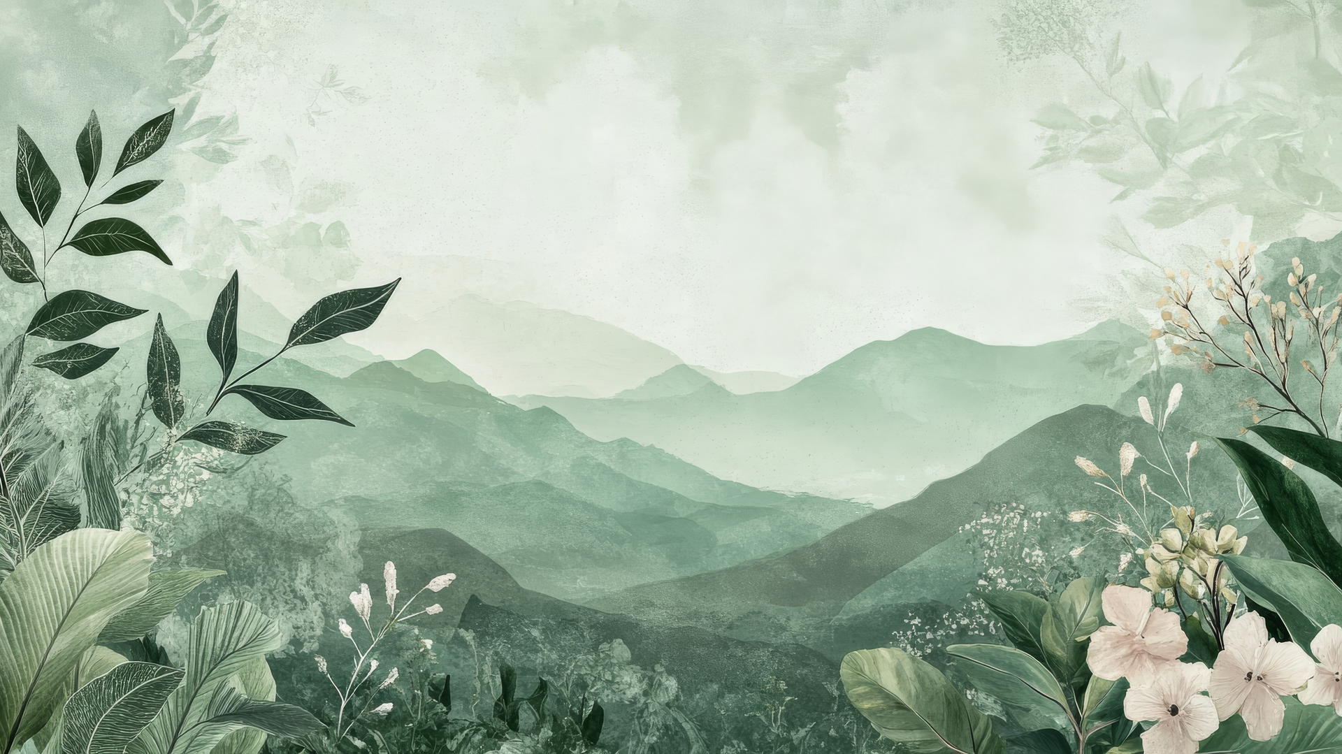 Dreamy green aesthetic wallpaper collage with leaves, flowers, and mountains