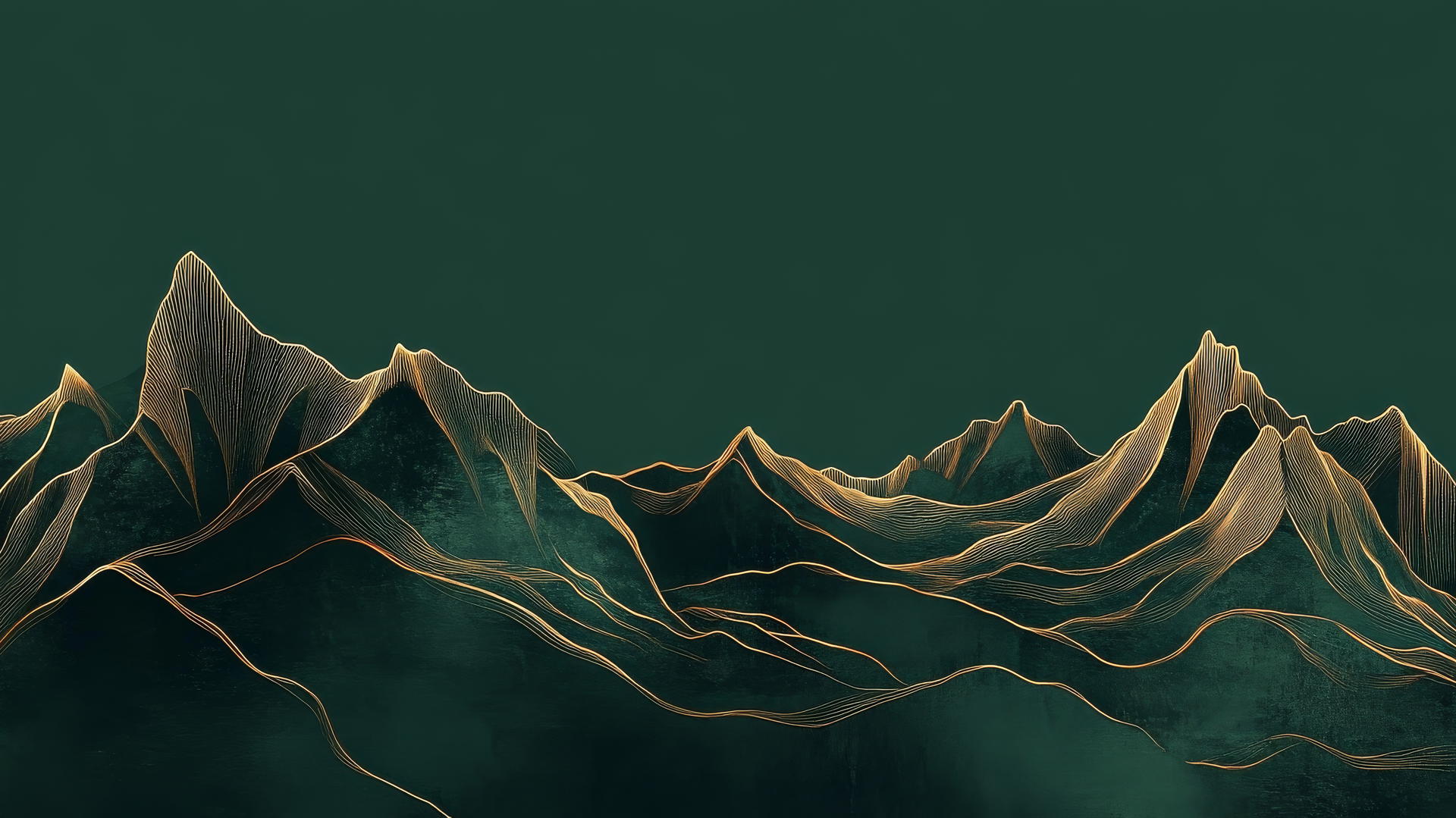 Minimalistic dark green wallpaper with a gold outline of a mountain range