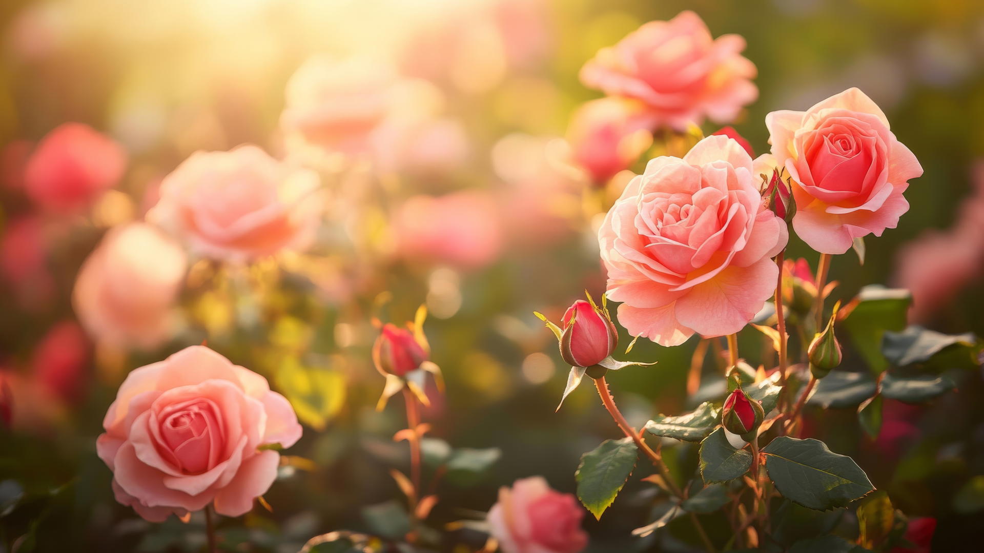 A romantic flower nature wallpaper with blooming roses in soft pink and red tones, sunlight enhancing petals.