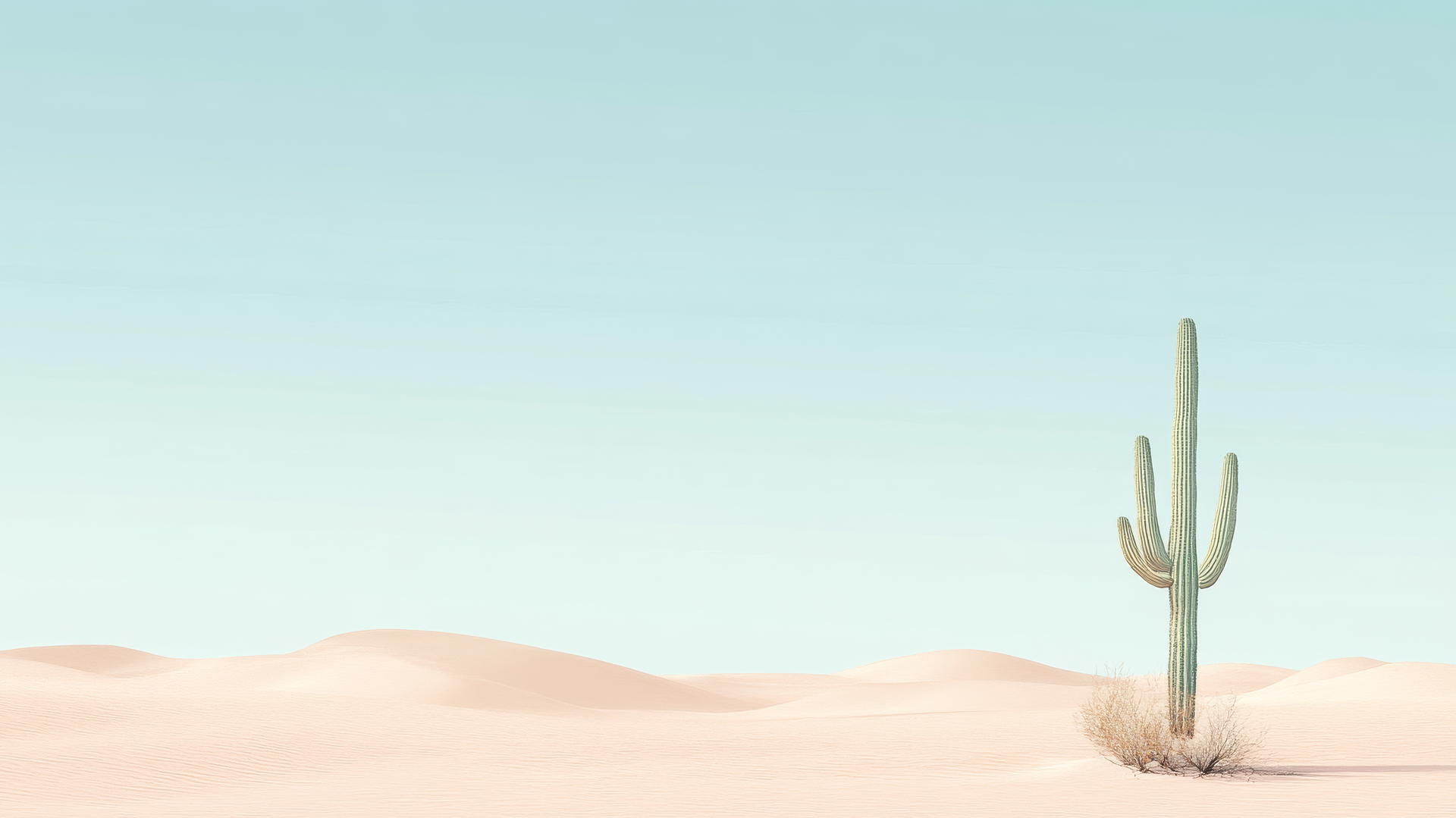 Nature aesthetic wallpaper with desert landscape, sand dunes, pale blue sky, single cactus