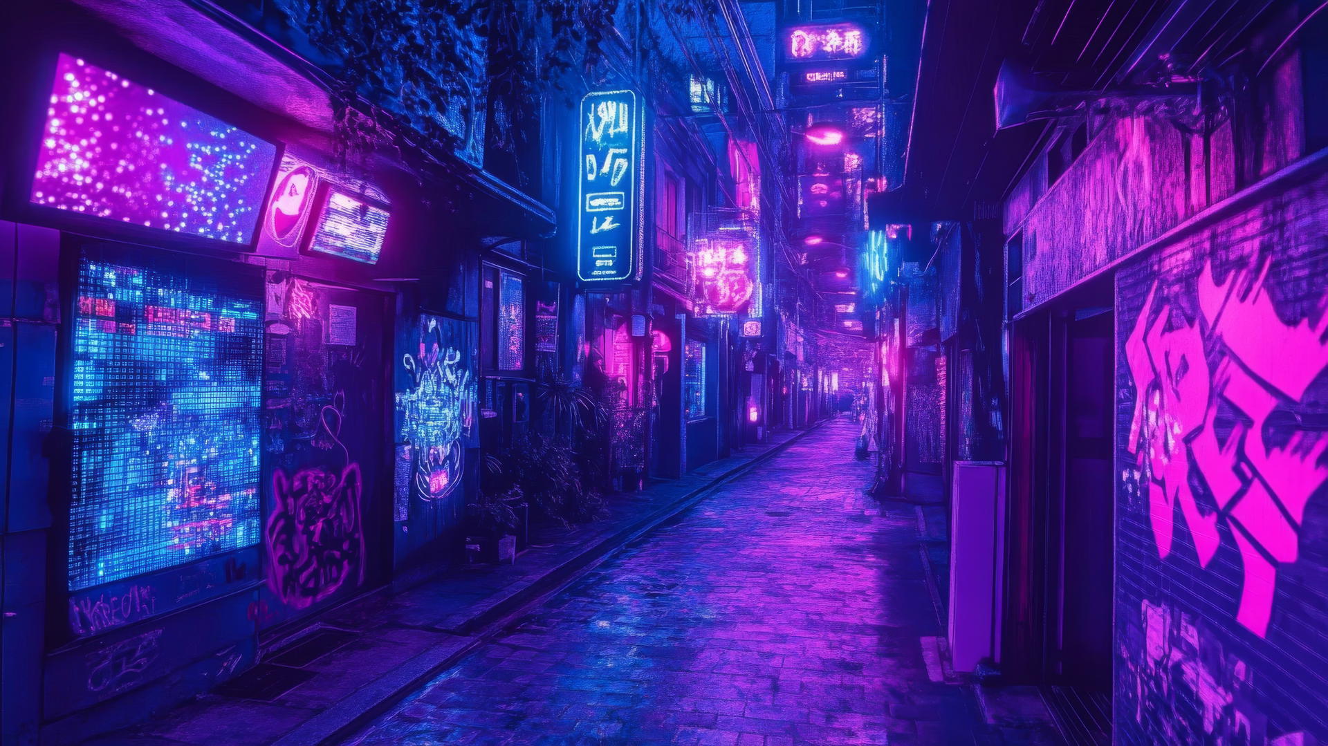 Y2K aesthetic wallpaper of cyberpunk alley with neon graffiti and holographic ads