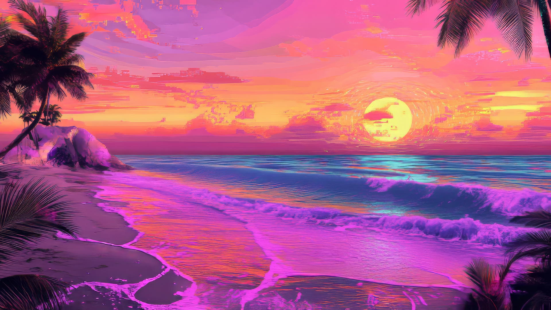 Y2K aesthetic wallpaper with a pixelated beach scene, holographic palm trees, and neon sunset