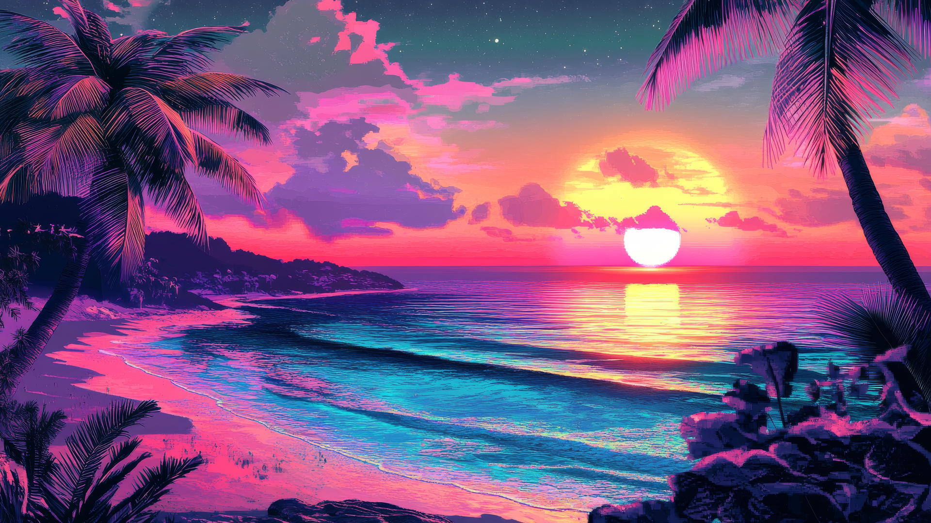 Y2K aesthetic wallpaper with pixelated waves, holographic palm trees, and neon sunset