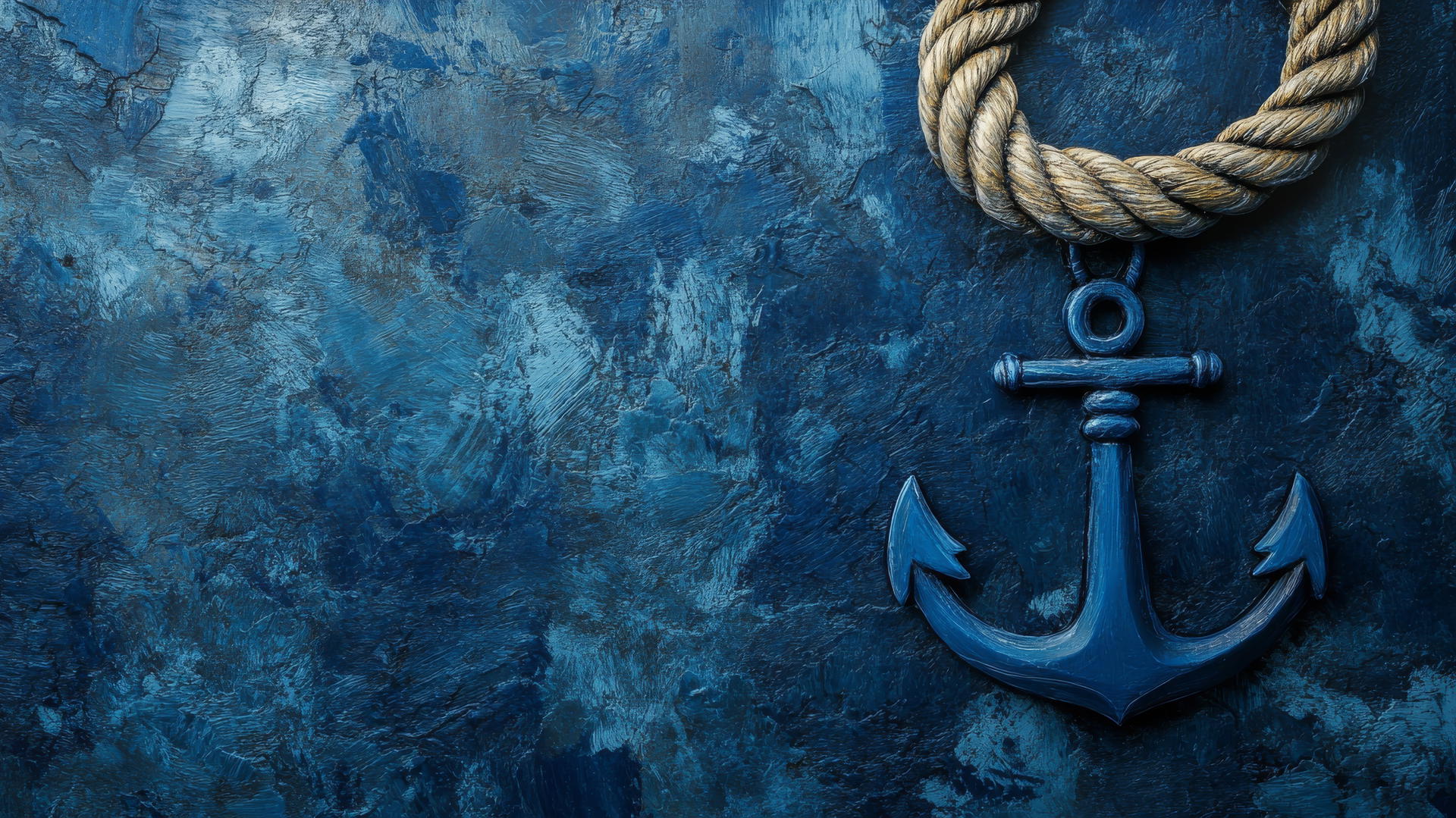 Navy blue wallpaper with a nautical theme, featuring a coiled rope and anchor on a dark blue sea-like background.