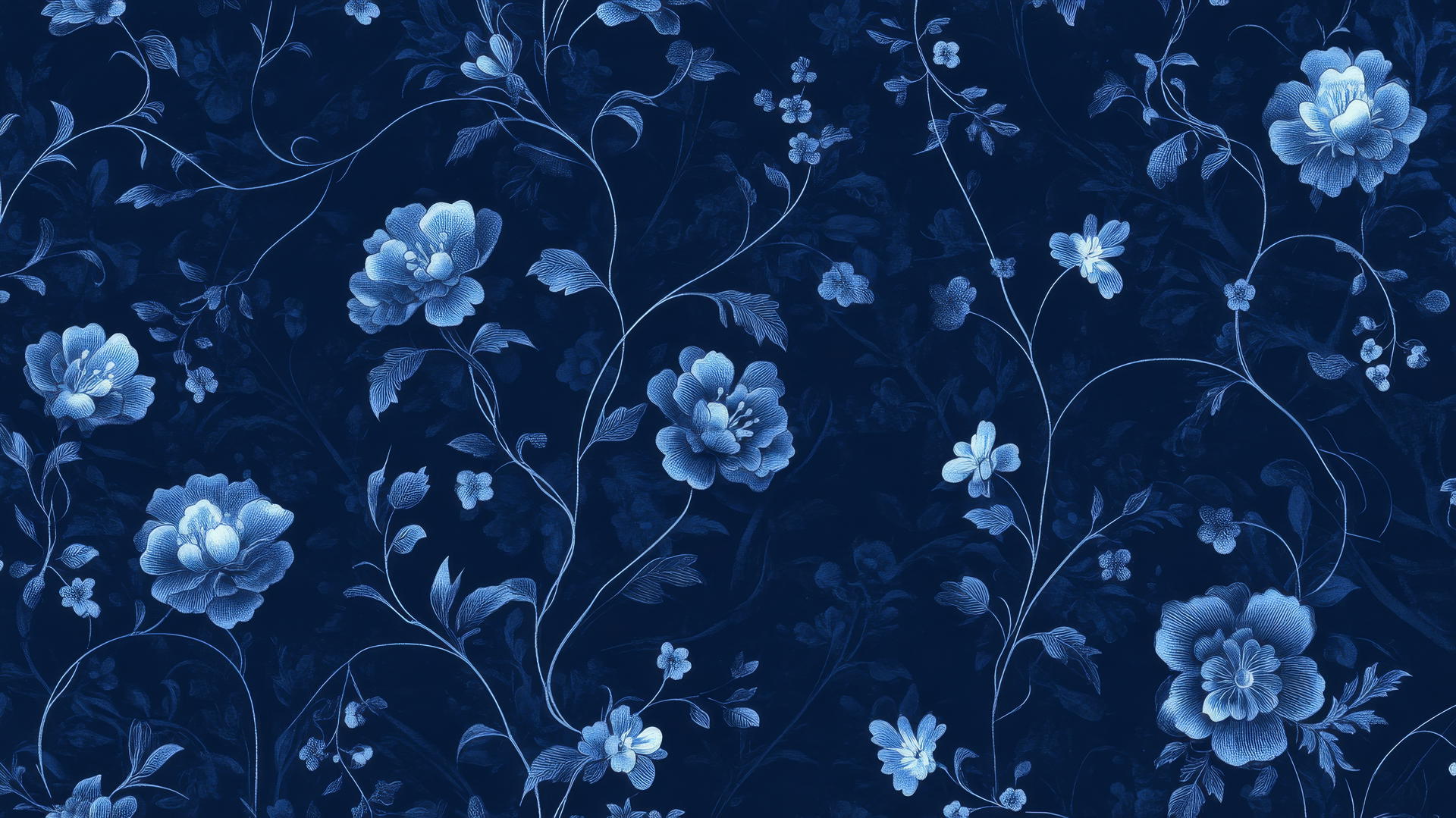 Navy blue wallpaper with midnight floral pattern, illuminated by moonlight