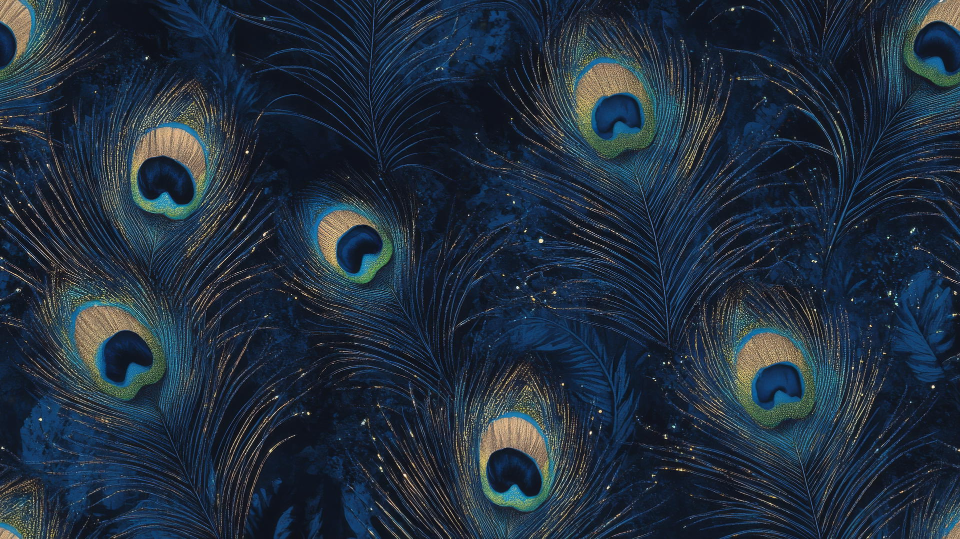 Navy blue wallpaper with detailed peacock feathers and iridescent accents