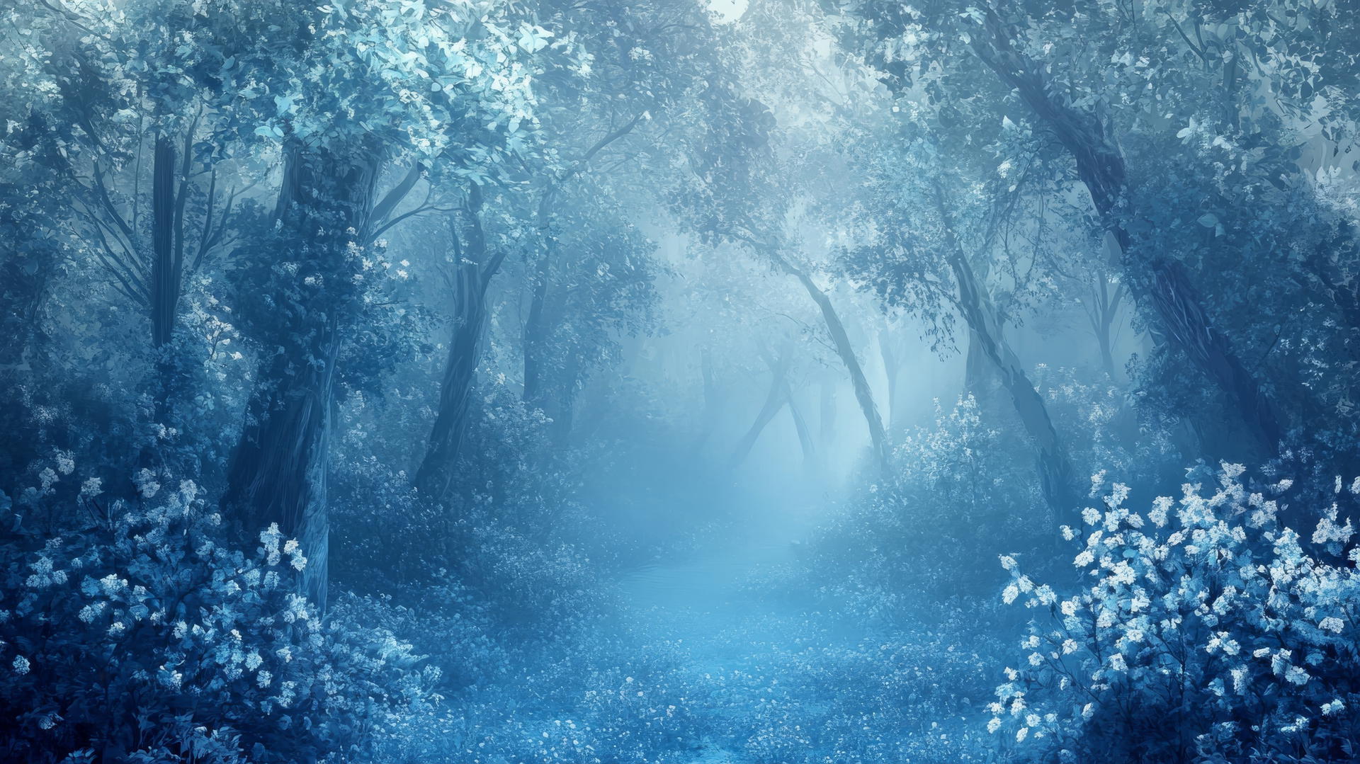 wallpaper blue with enchanted floral forest and blue mist