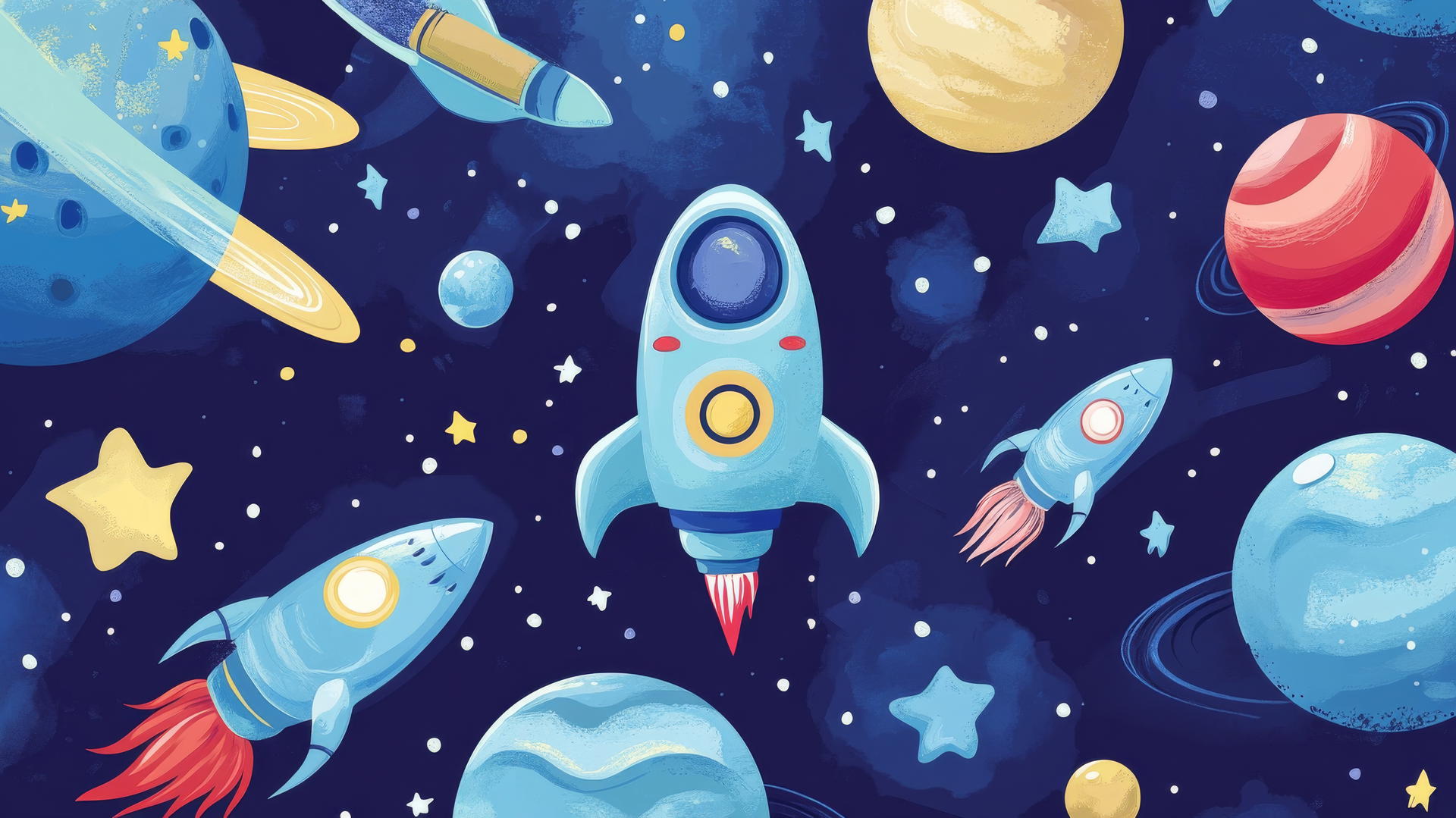 blue wallpaper for kids with space explorer theme, friendly aliens, rockets, planets, and stars