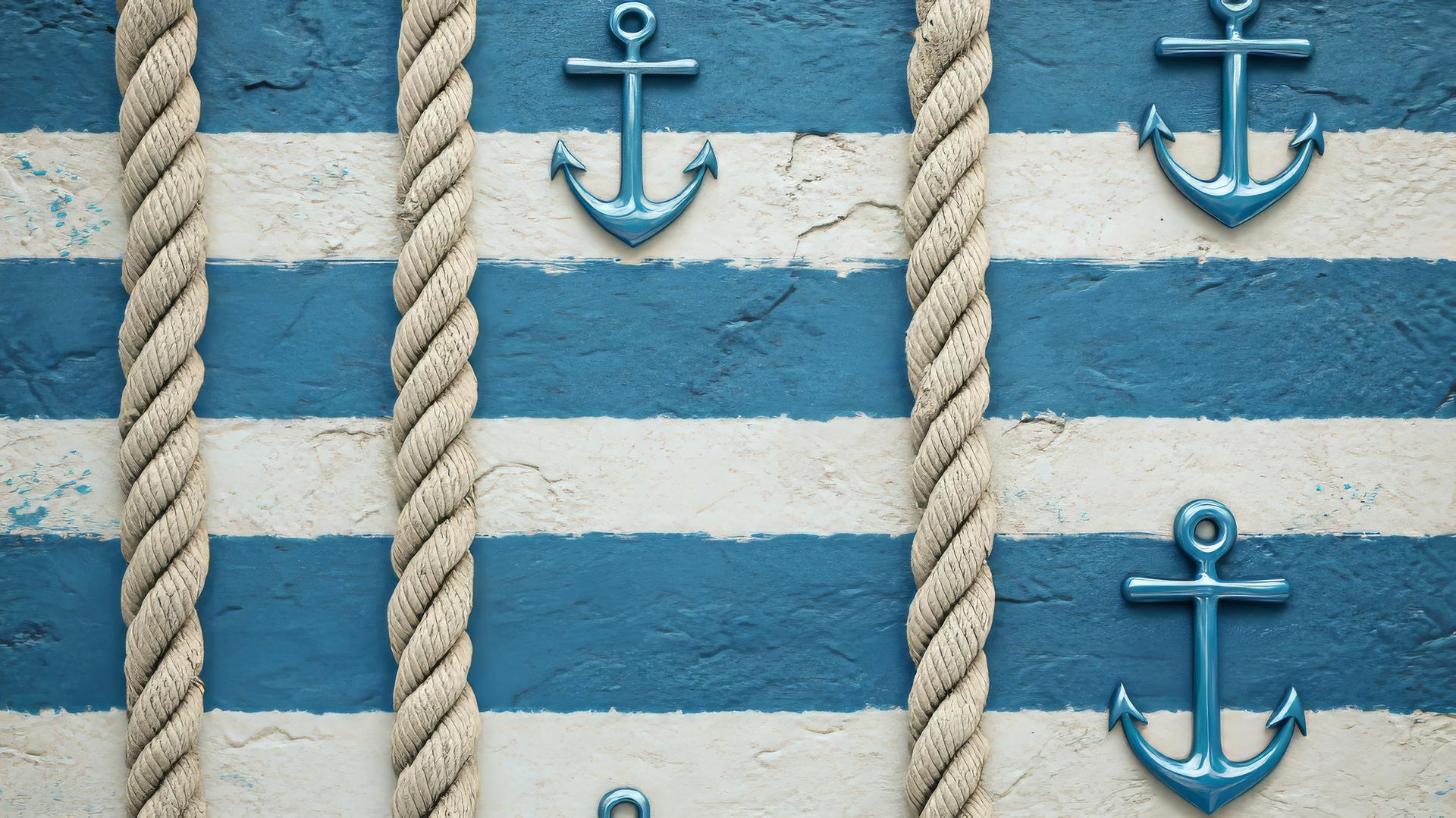 blue and white wallpaper with nautical stripes, anchors, and rope textures
