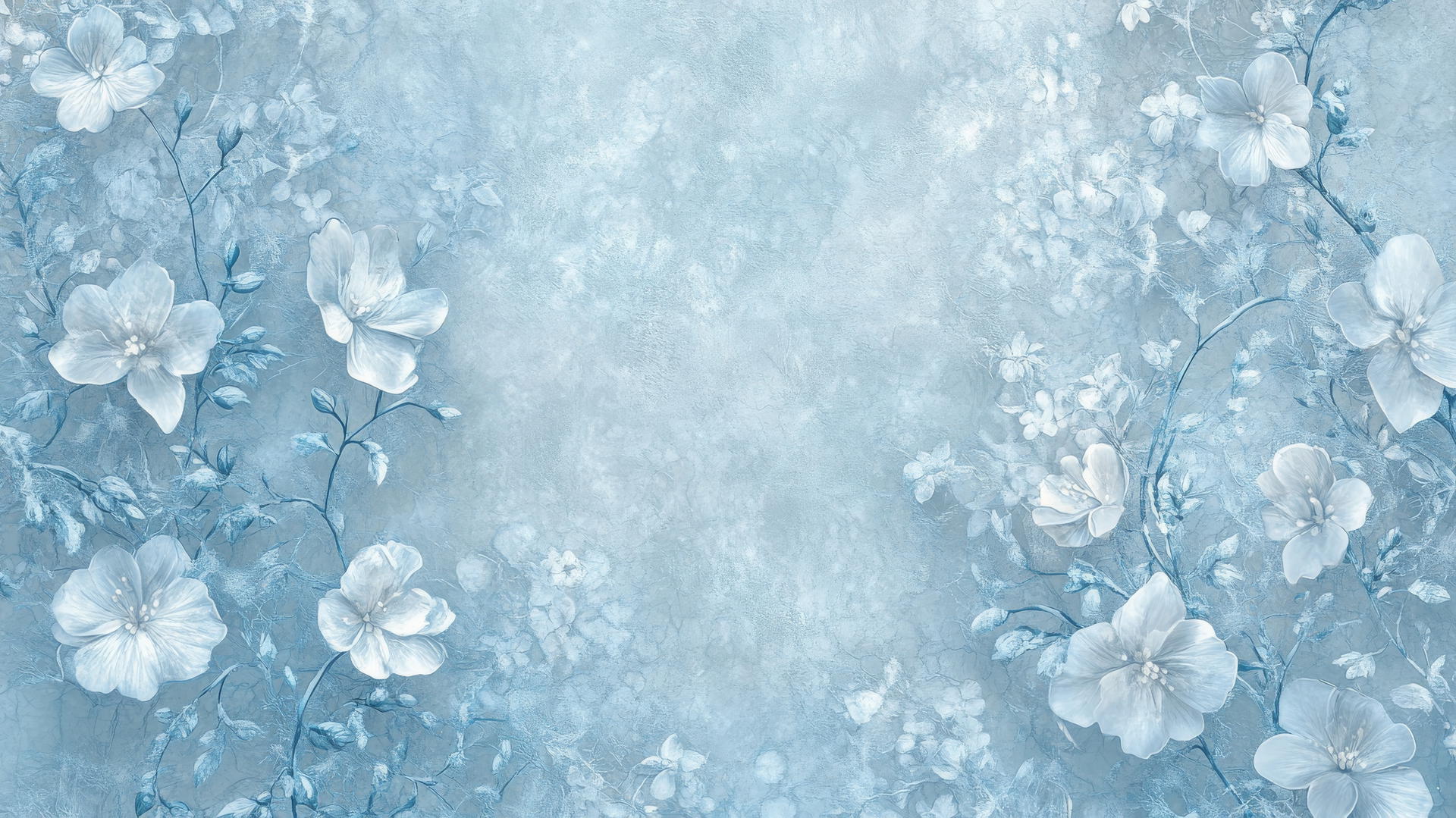 blue floral wallpaper with intricate lace pattern of blossoms and vines on a soft blue background