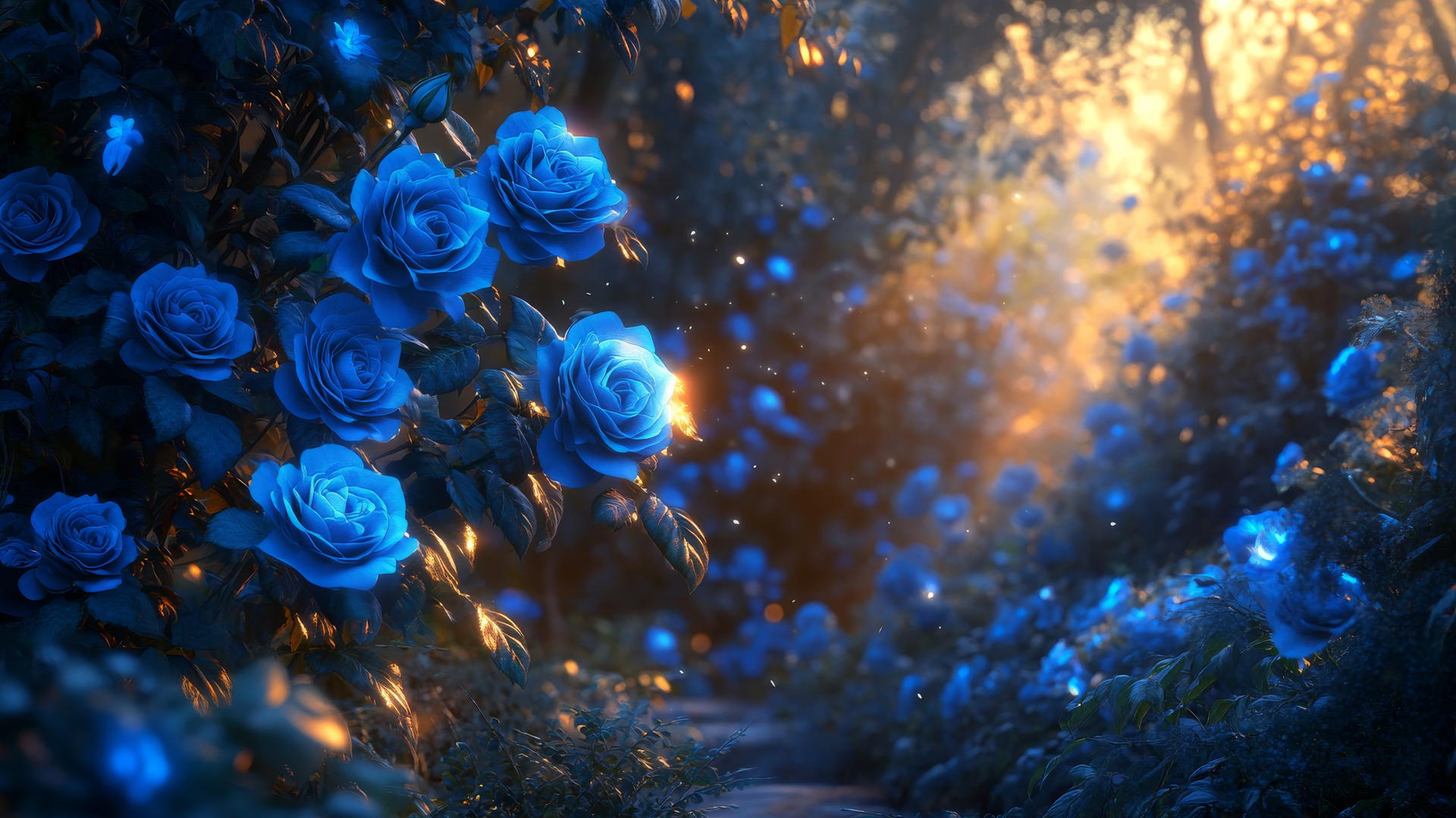 blue flower wallpaper with mystical roses at twilight