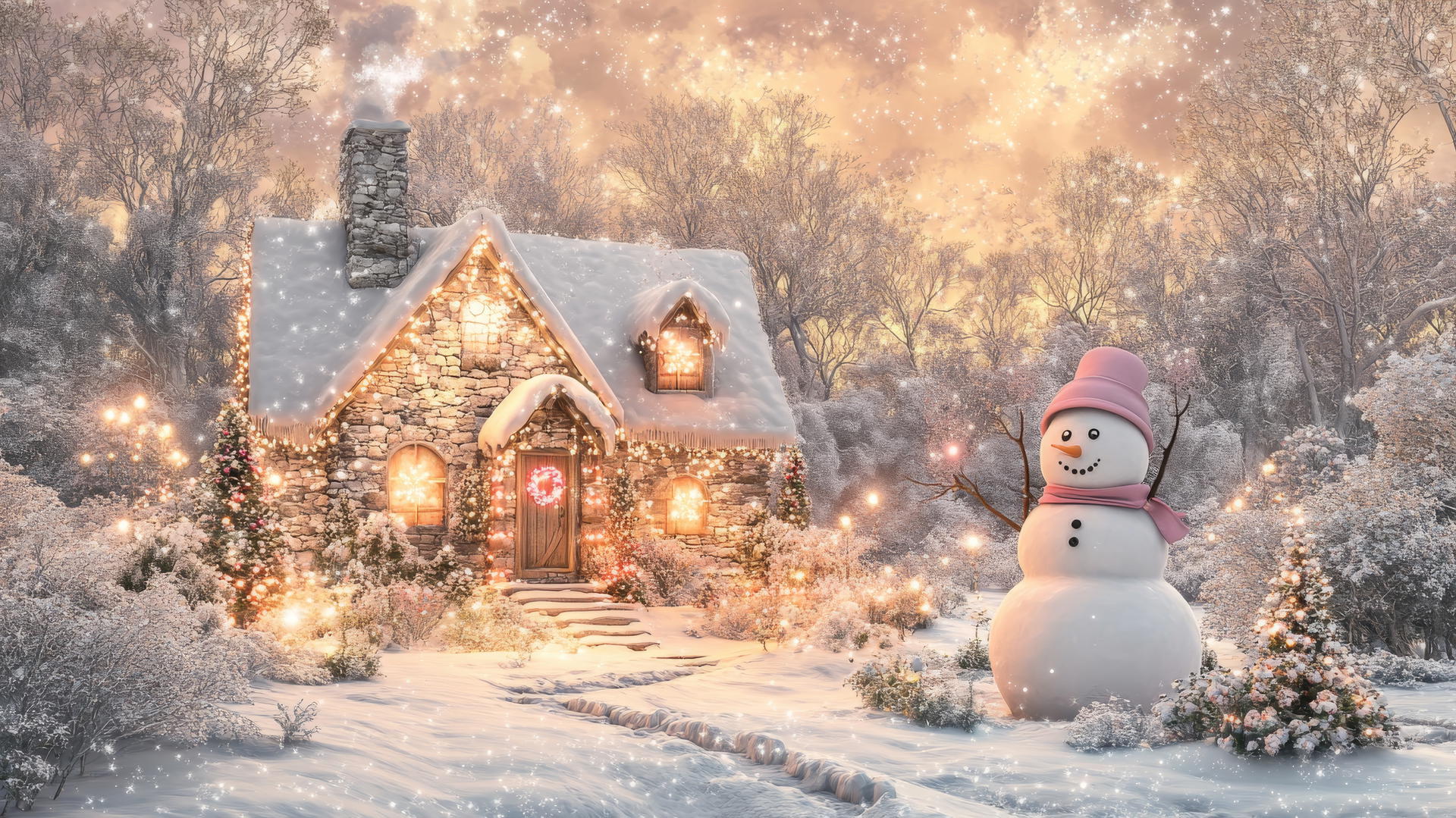 Girly cute Christmas wallpaper with pastel-colored cottage, snow, and snowman in pink scarf.
