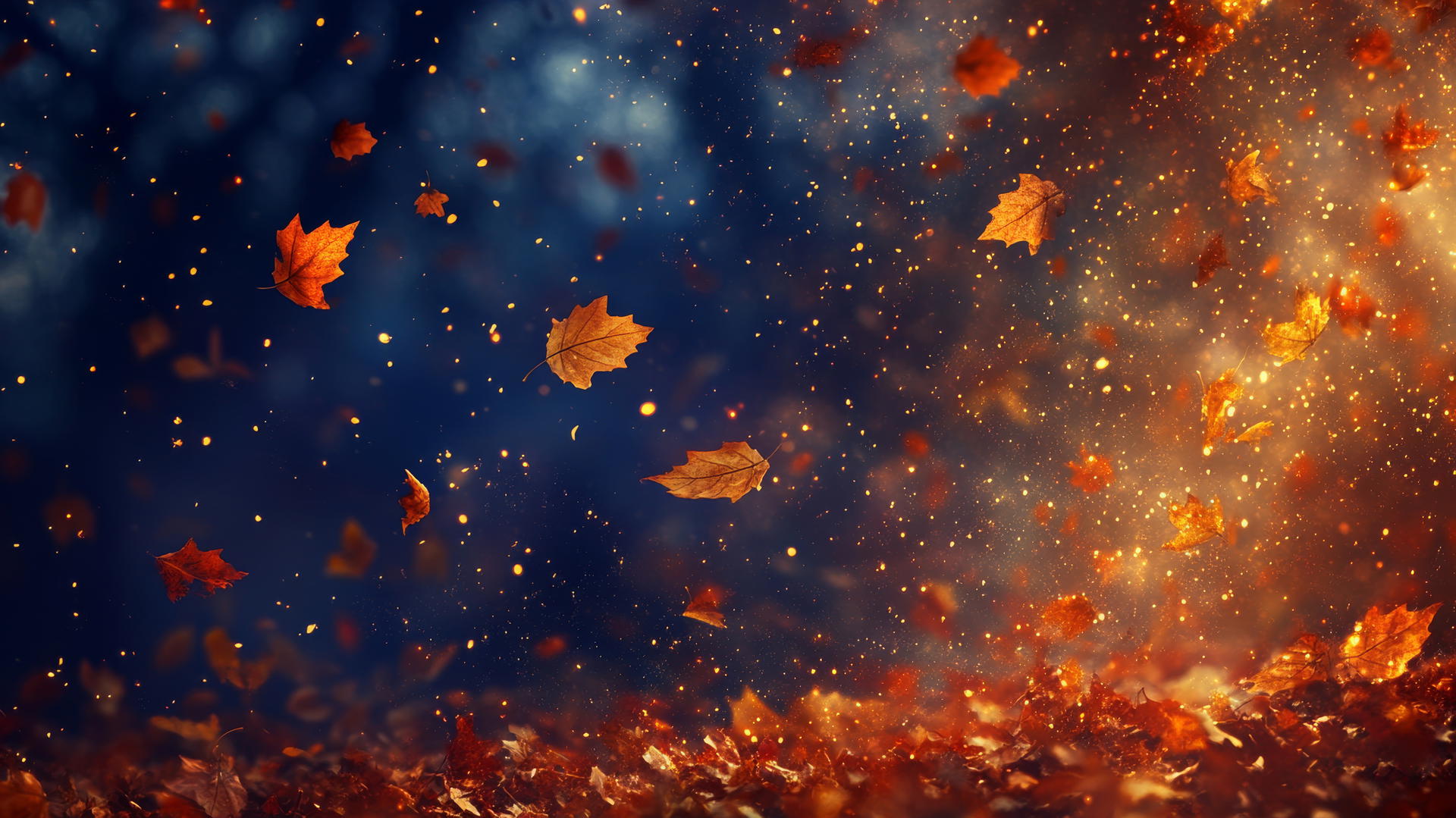 thanksgiving wallpaper with falling autumn leaves and swirling golden light against a deep blue twilight sky
