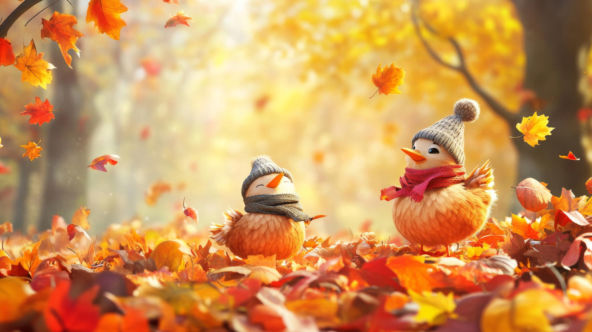 thanksgiving wallpaper cute scene of cartoon turkeys in autumn leaves wearing hats and scarves