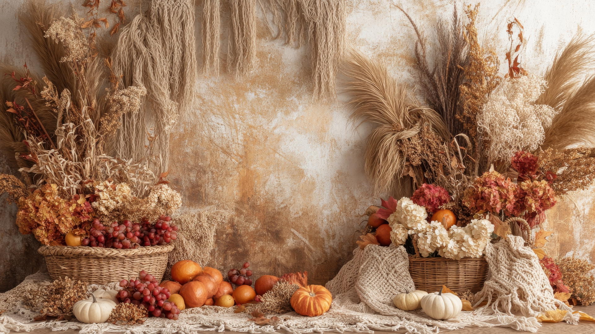 Thanksgiving wallpaper aesthetic with macramé, pampas grass, and woven baskets