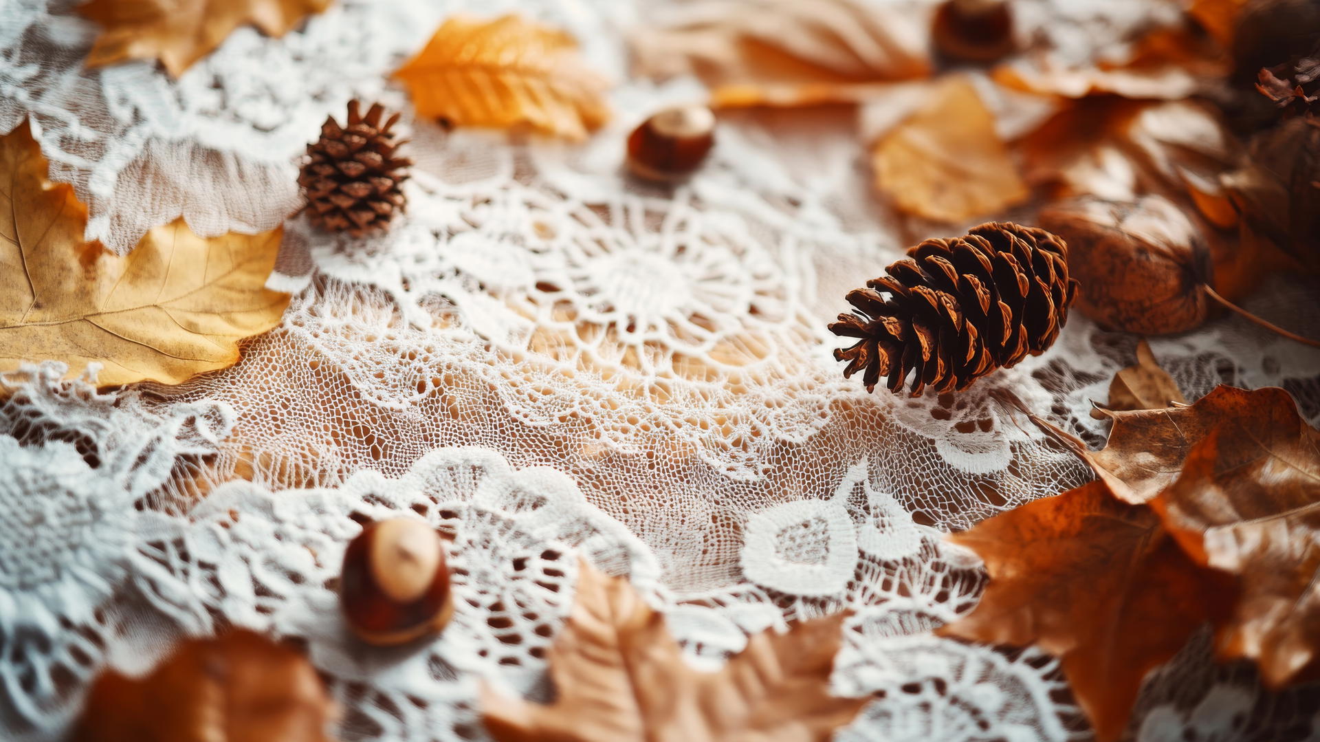 Thanksgiving aesthetic wallpaper with vintage lace tablecloths, autumn leaves, chestnuts, and pine cones