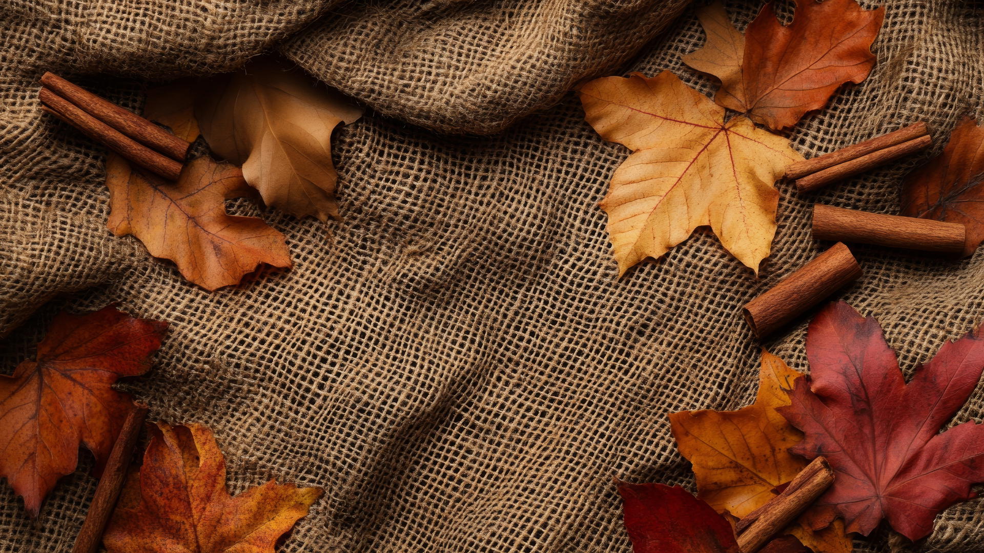 Thanksgiving aesthetic wallpaper with burlap, linen, leather, autumn leaves, and cinnamon sticks