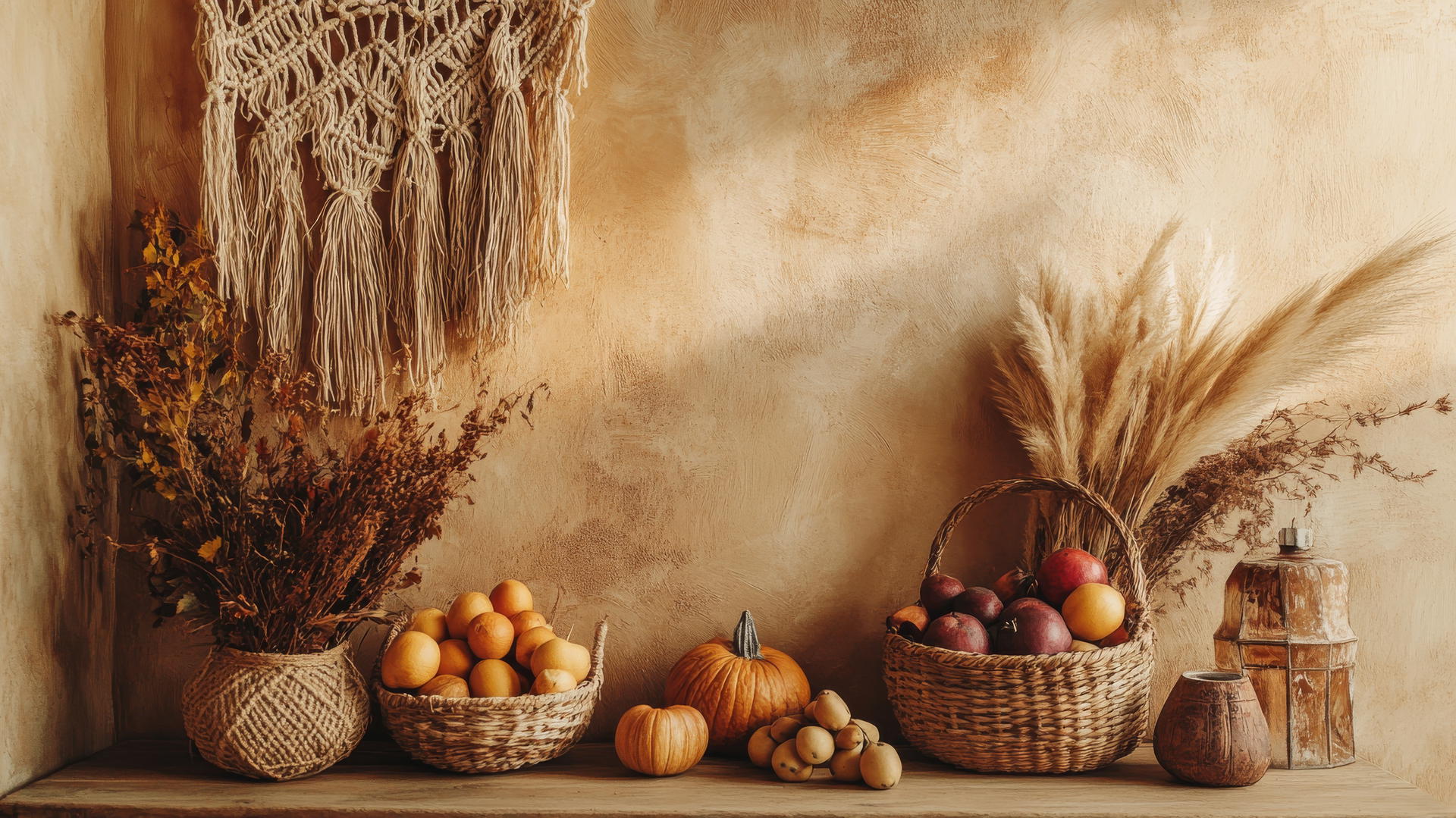 thanksgiving wallpaper aesthetic with macramé hangings, dried pampas grass, and autumnal fruits