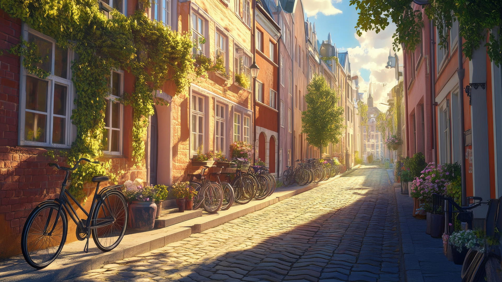 Summer aesthetic wallpaper of a sun-drenched cityscape with warm sunlight on pastel buildings