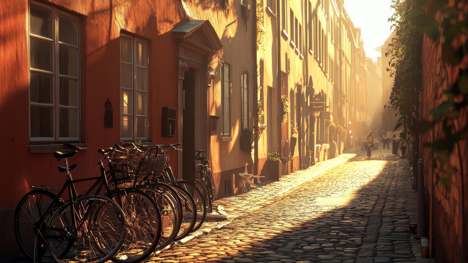 Sun-drenched cityscape with pastel buildings, cobblestone streets, and bicycles, embodying summer aesthetic wallpaper