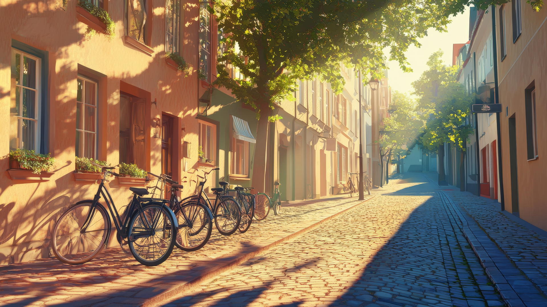 summer aesthetic wallpaper of sun-drenched cityscape with pastel buildings and bicycles
