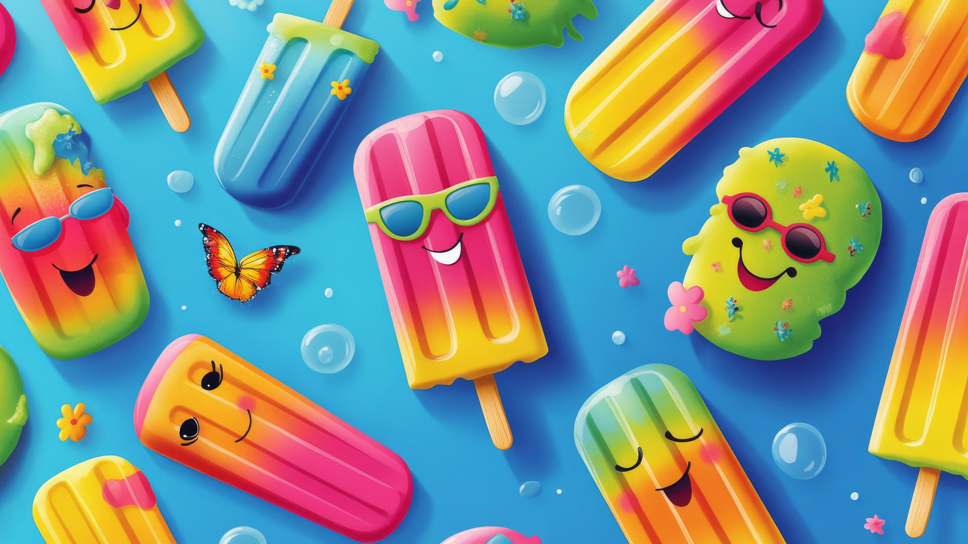 Cute summer wallpaper with cartoon popsicles in bright colors, some with smiling faces and sunglasses, melting under the summer sun.