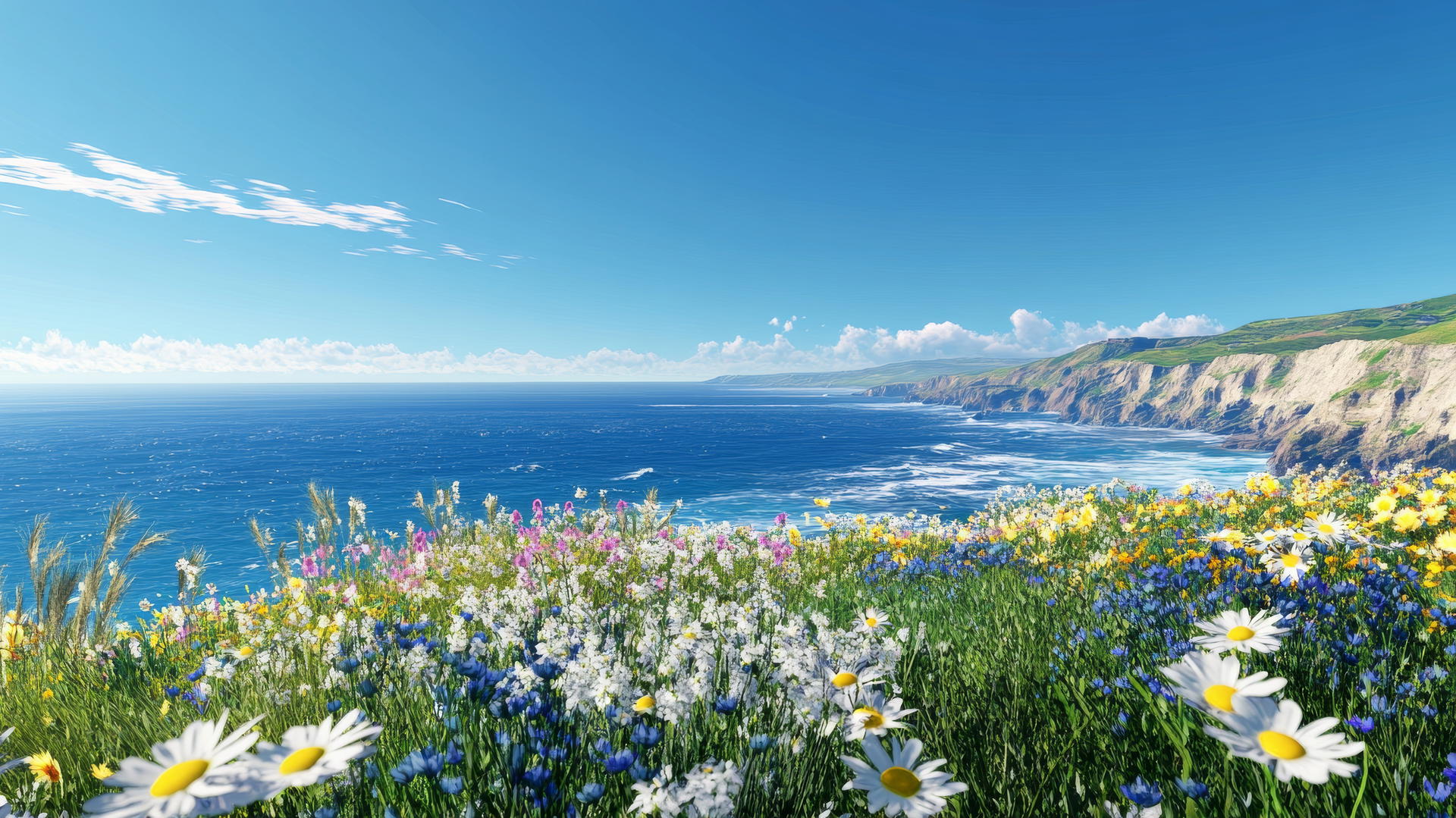 Scenic coastal cliffside with wildflowers and ocean view under a clear blue sky, summer aesthetic wallpaper
