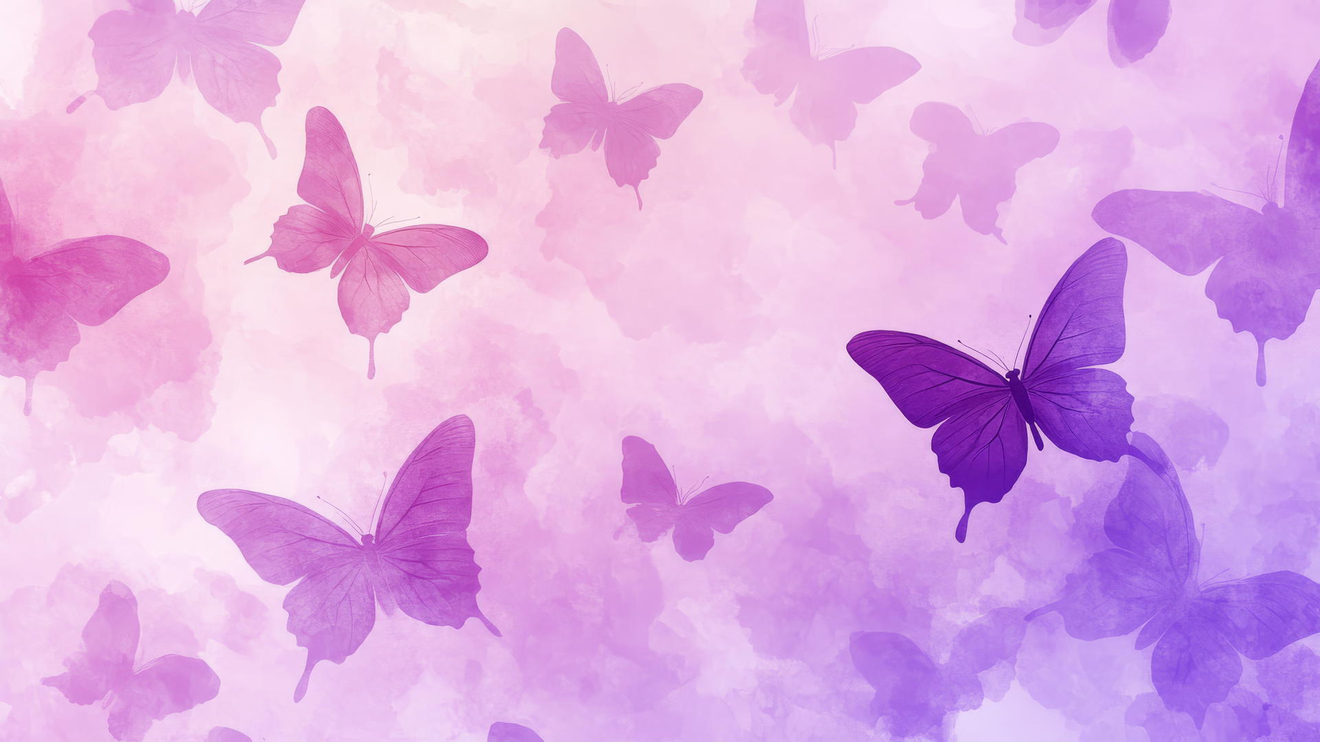 An abstract purple butterfly wallpaper with silhouettes on a violet and lavender gradient background.
