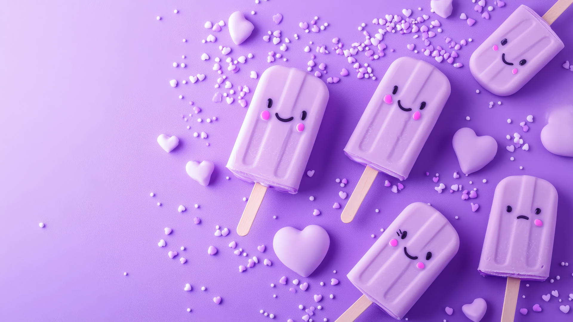 cute purple wallpaper with smiling popsicles, sprinkles, and hearts