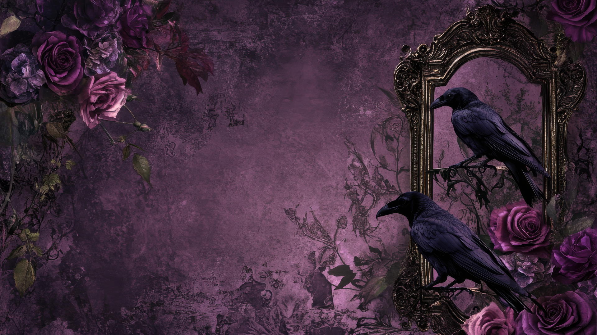 dark purple wallpaper with Victorian frames, ravens, and roses