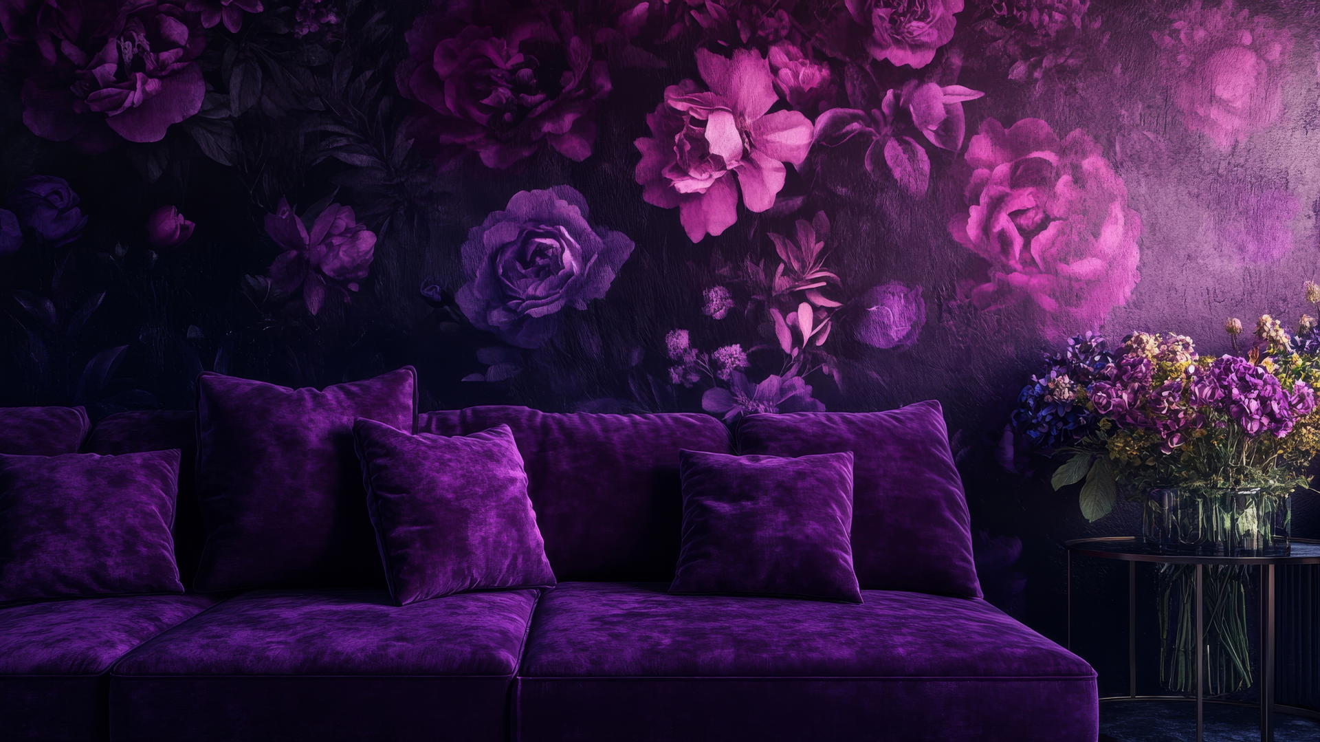 purple flower wallpaper with rich floral patterns against a shadowy background