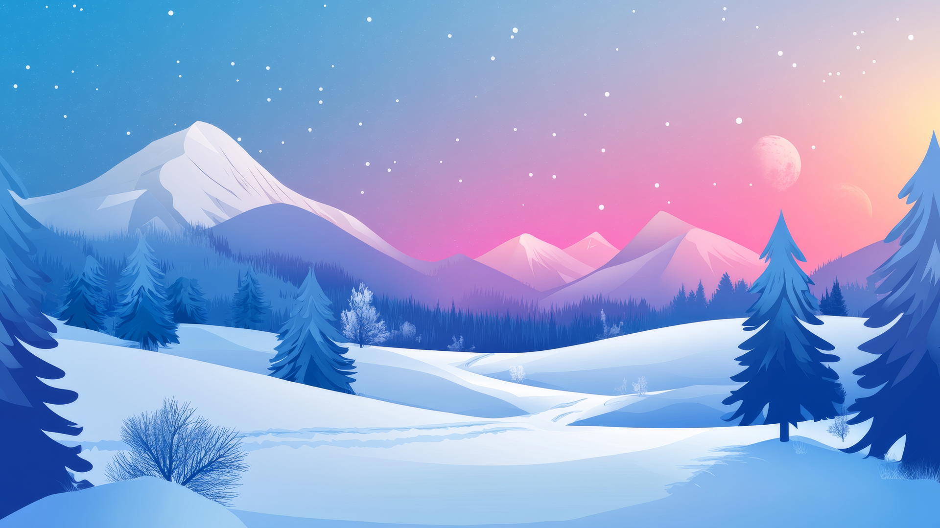 winter wallpaper with abstract shapes depicting snow, trees, and mountains