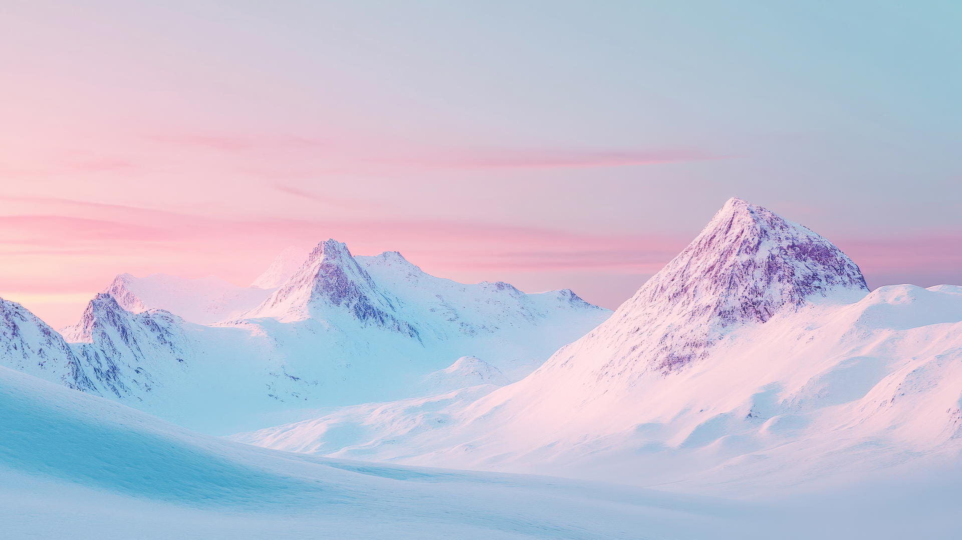Pastel snowy mountain range at sunrise with soft pink and lavender skies in a winter aesthetic wallpaper.