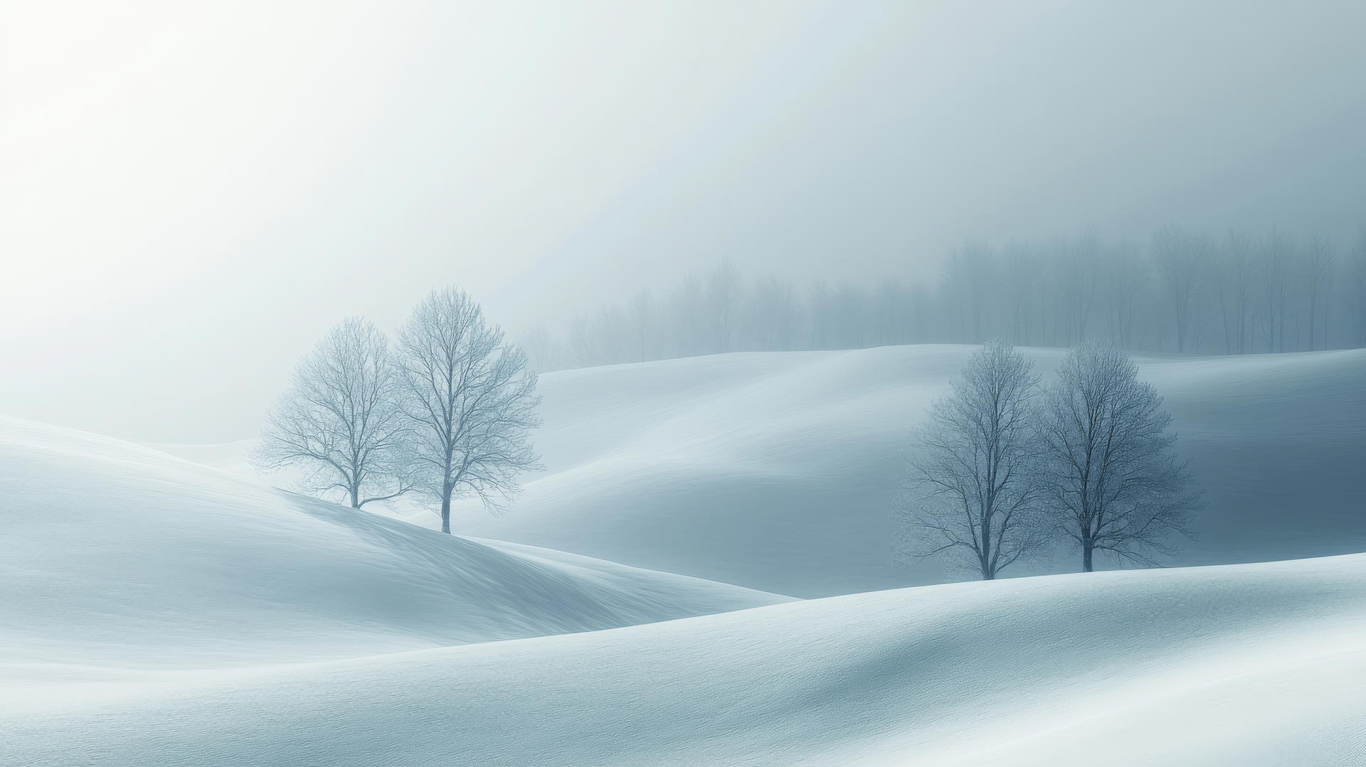 aesthetic winter wallpaper with snow-covered hills, tree silhouettes, and light mist