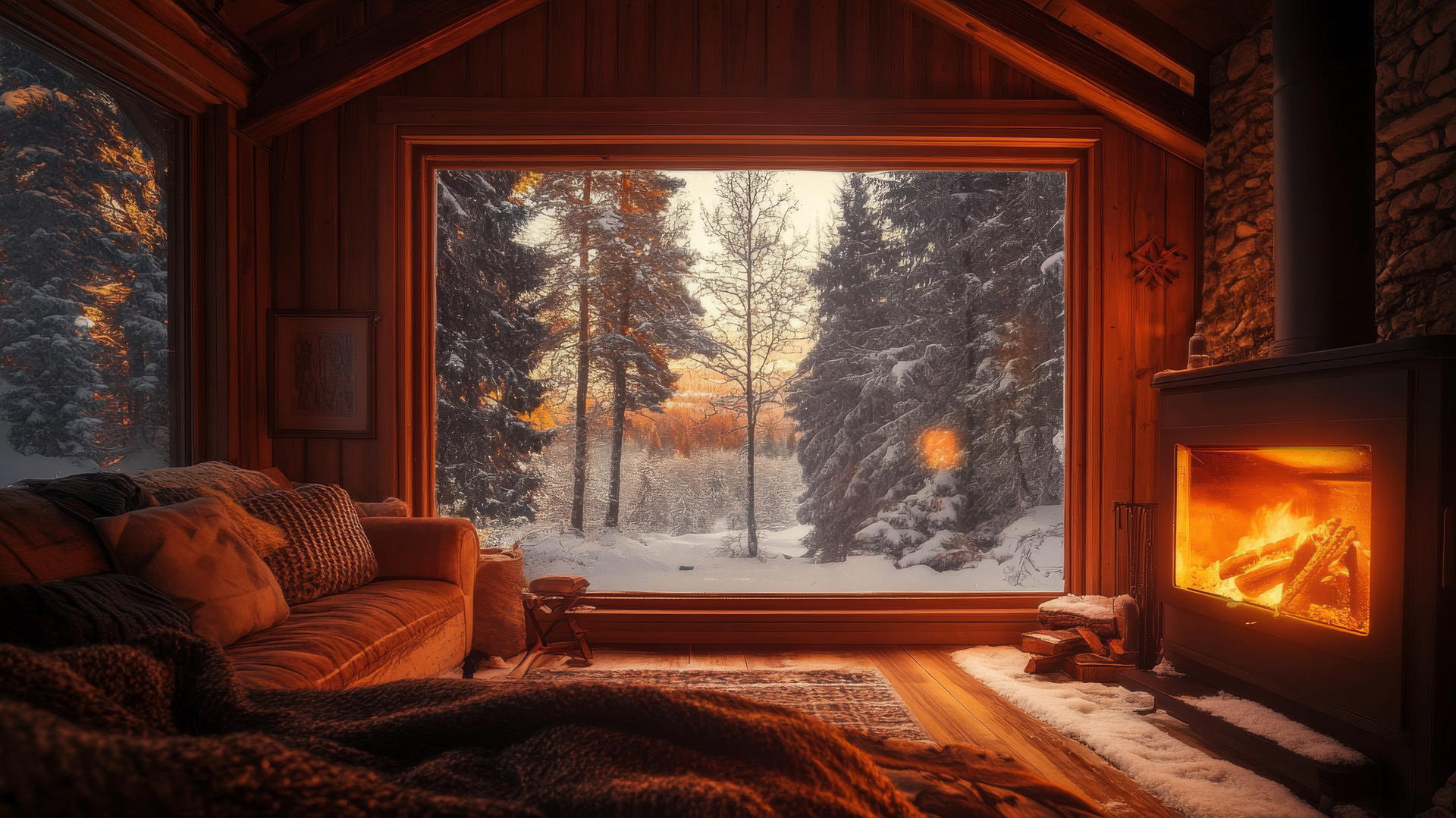 Aesthetic winter wallpaper with a cozy cabin interior and snow-covered forest.
