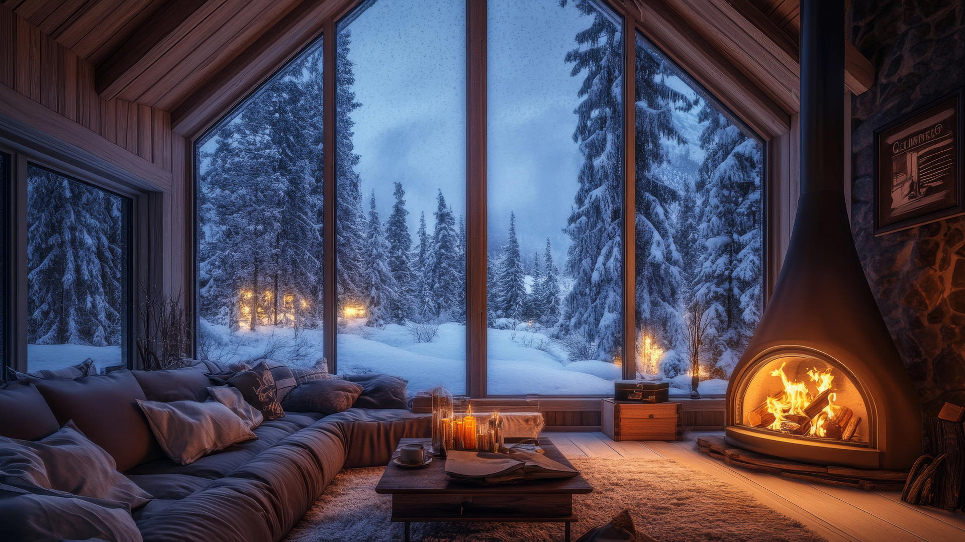 aesthetic winter wallpaper with a cozy cabin interior, snow-covered forest view, and warm fireplace glow
