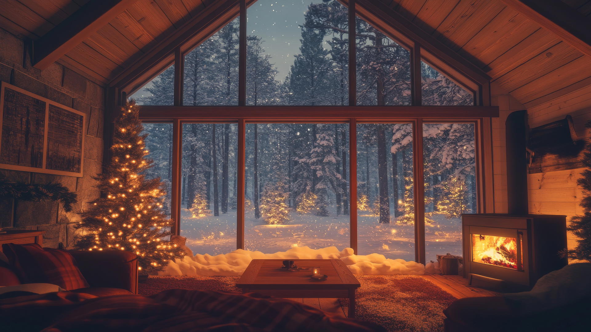 aesthetic winter wallpaper of a cozy cabin interior with snow-covered forest outside