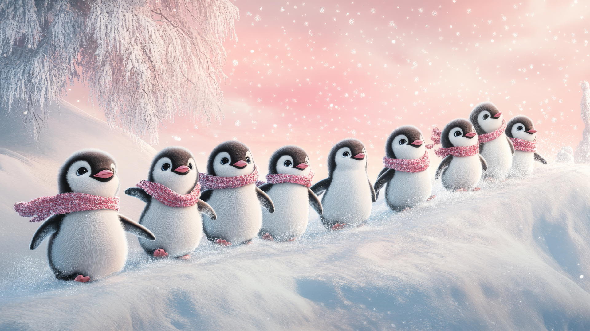 Cute winter wallpaper with fluffy penguins sliding down a snowy hill under a pink sky