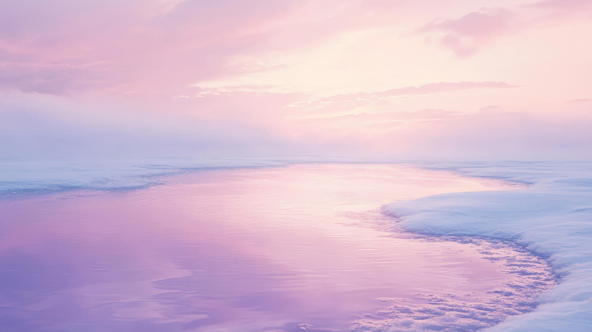 pastel winter sunset reflecting on frozen pond, dreamy winter wallpaper aesthetic