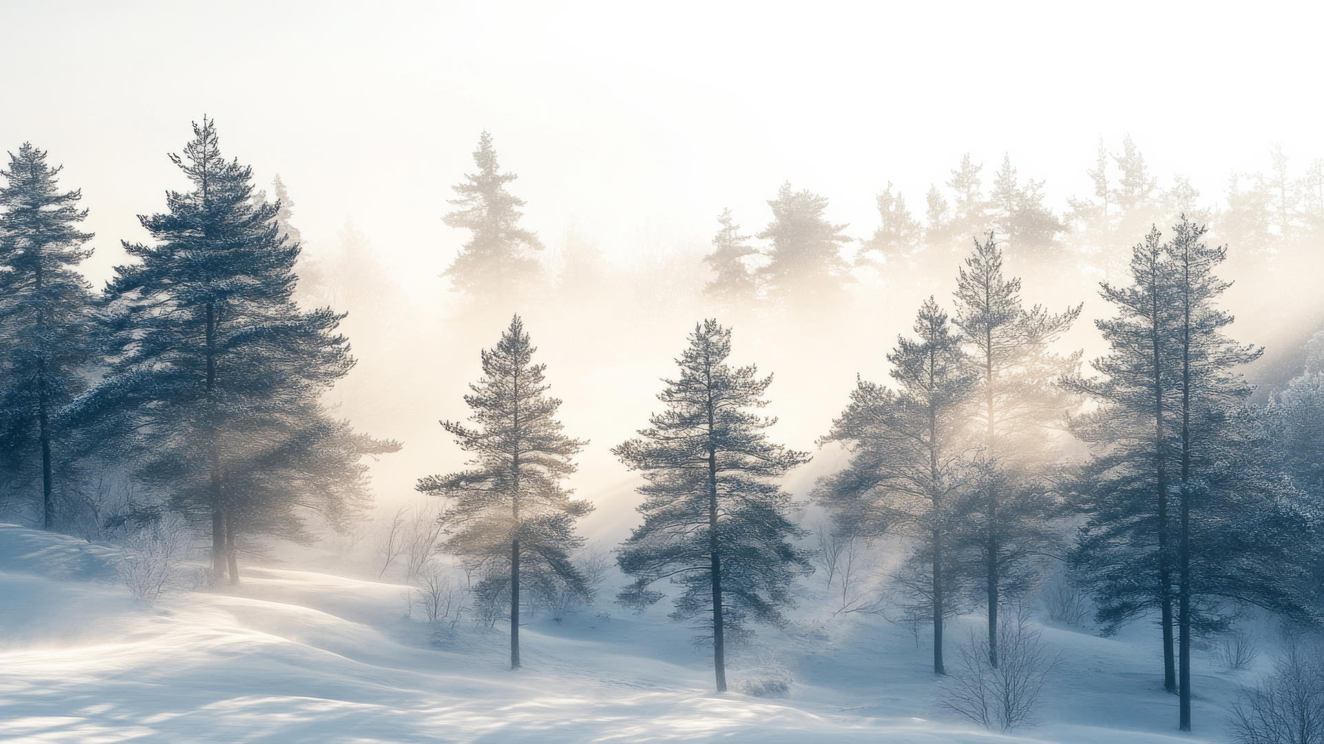 Winter wallpaper aesthetic with snow-covered forest and rolling mist.