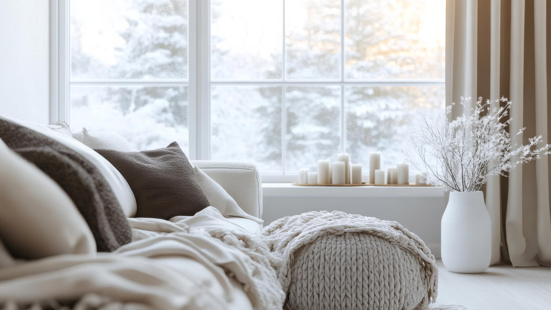 Winter wallpaper aesthetic with a Scandinavian-inspired cozy living room