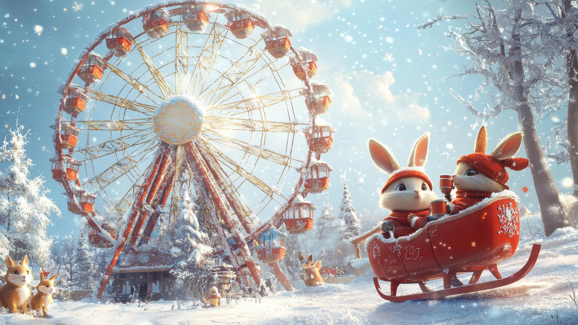 Cute winter wallpaper with tiny animals at a whimsical winter carnival